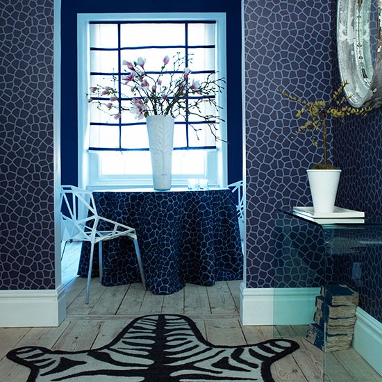 Blue Hallway With Matching Wallpaper And Fabric Modern Ideas