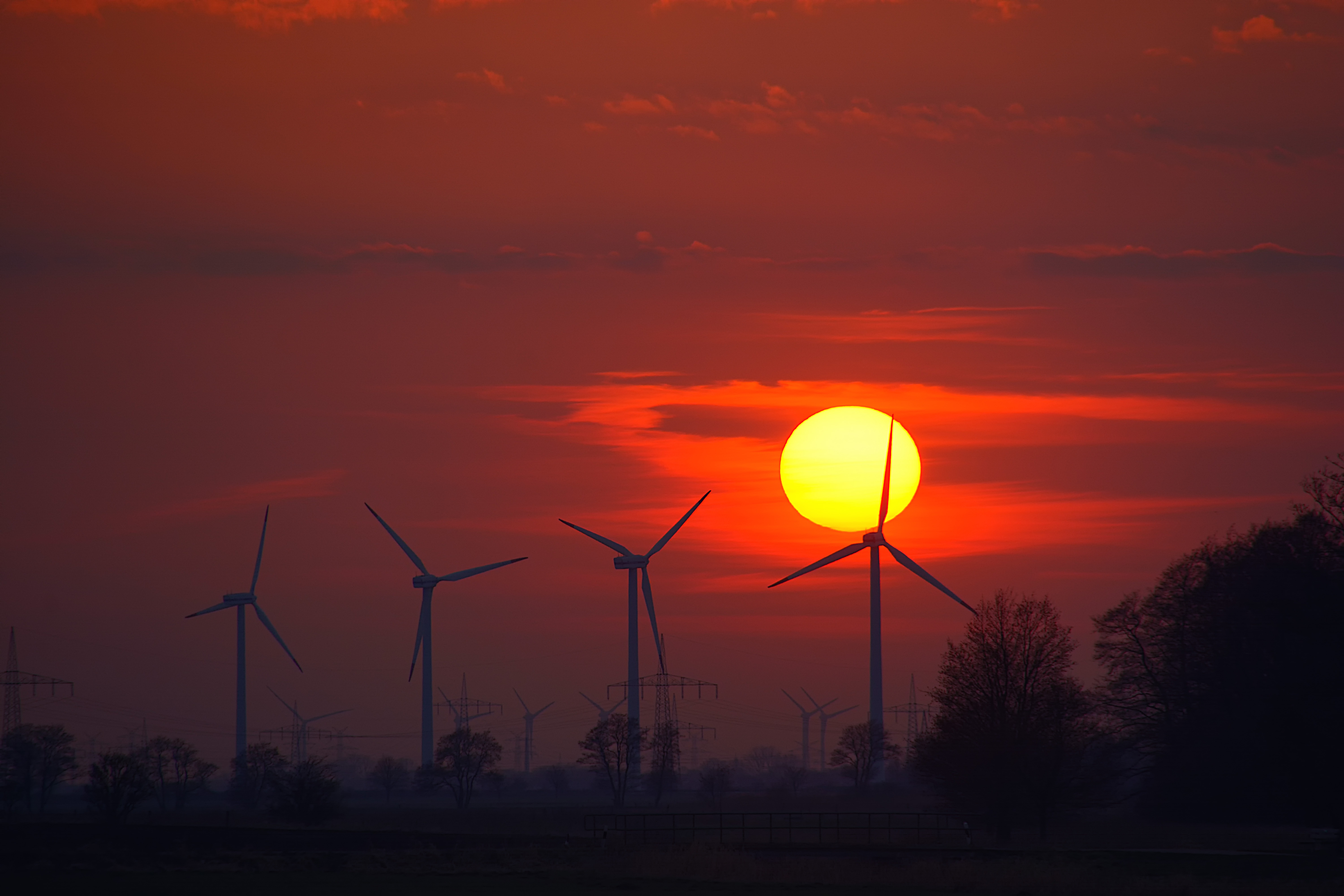 Wind Turbines Evening Sunlight Energy Sunset Wallpaper HD Nature