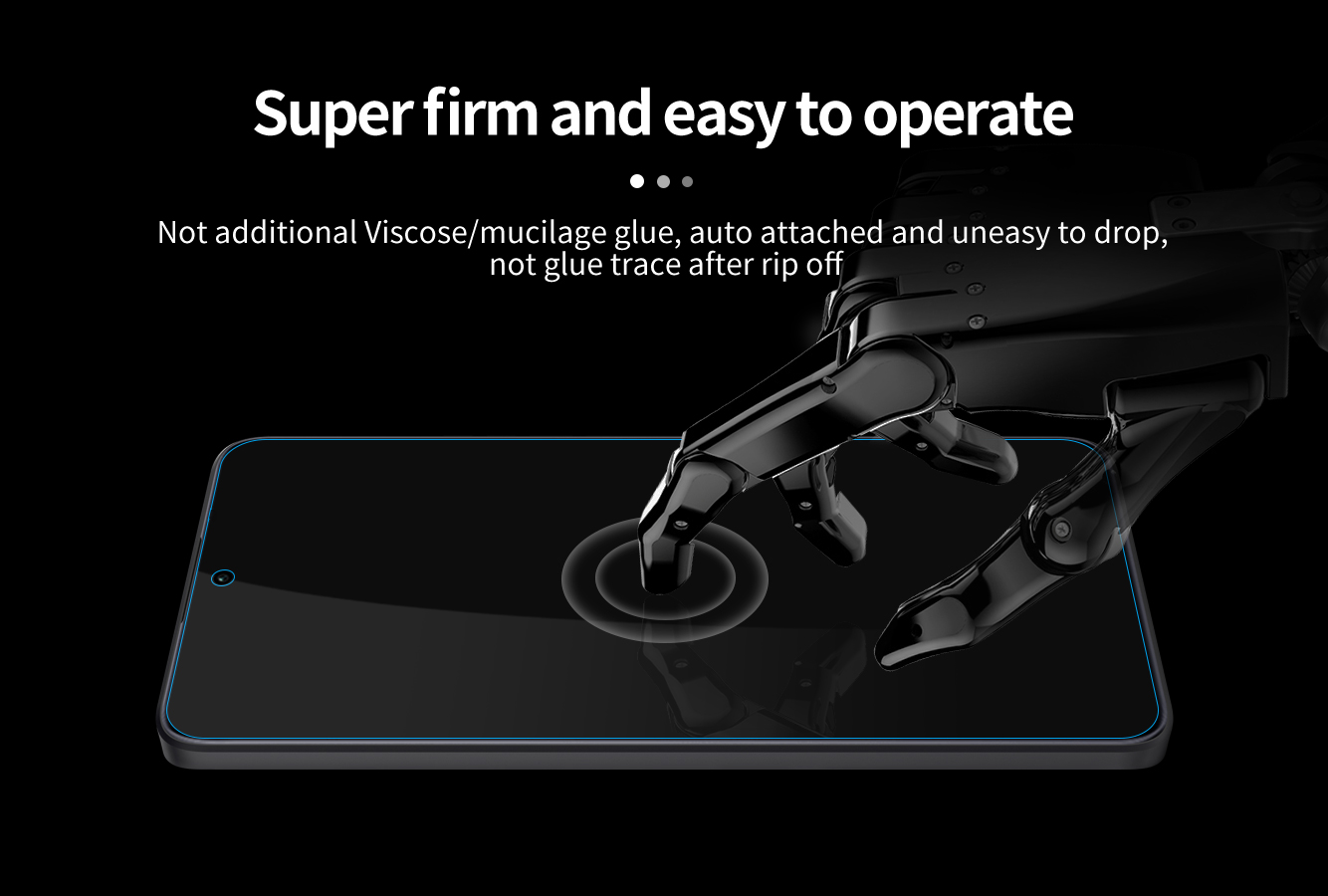 A robotic hand interacting with a smartphone screen protector, highlighting its firm attachment and ease of use