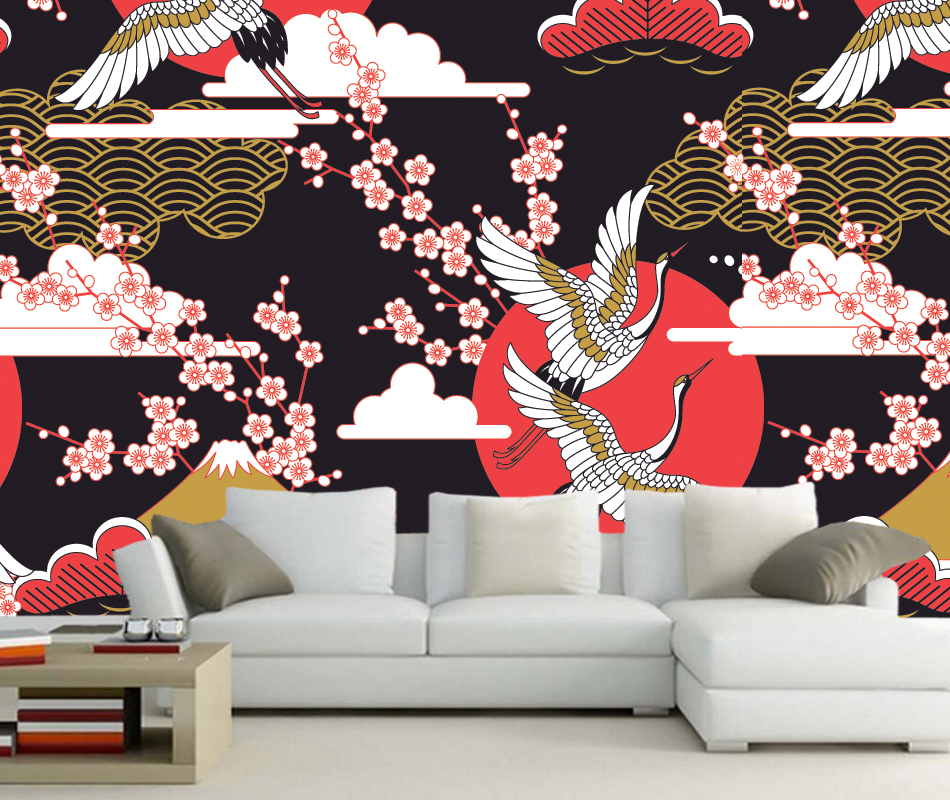 Japanese Style Wallpaper Cranes And Cherry Blossoms Retro Natural
