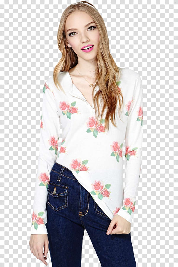 Female Model Allie Lewis Woman Wearing Floral Long Sleeved Shirt