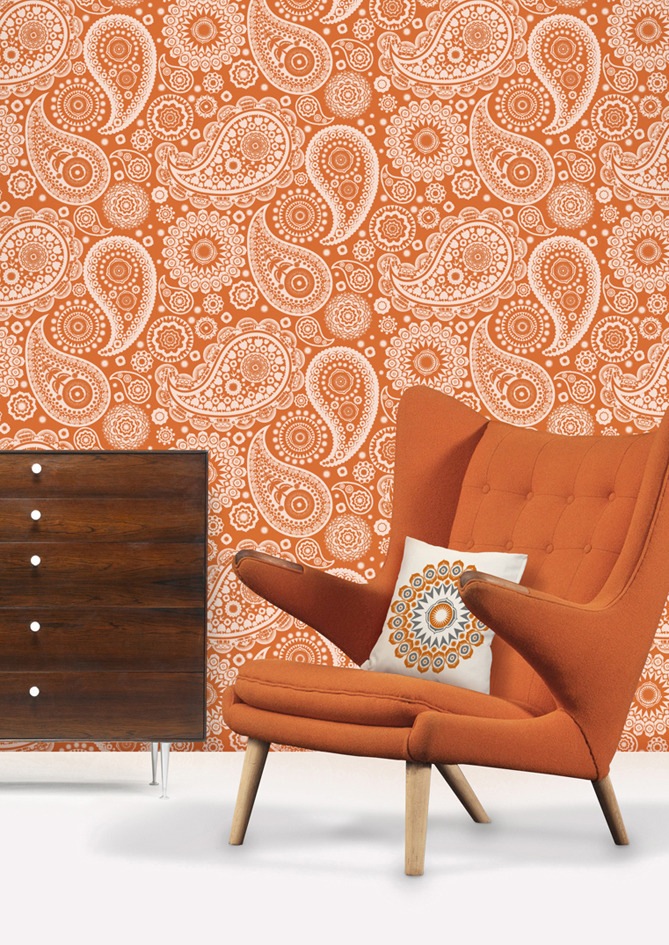 Mini Moderns Paisley Crescent Wallpaper Tangerine Dream