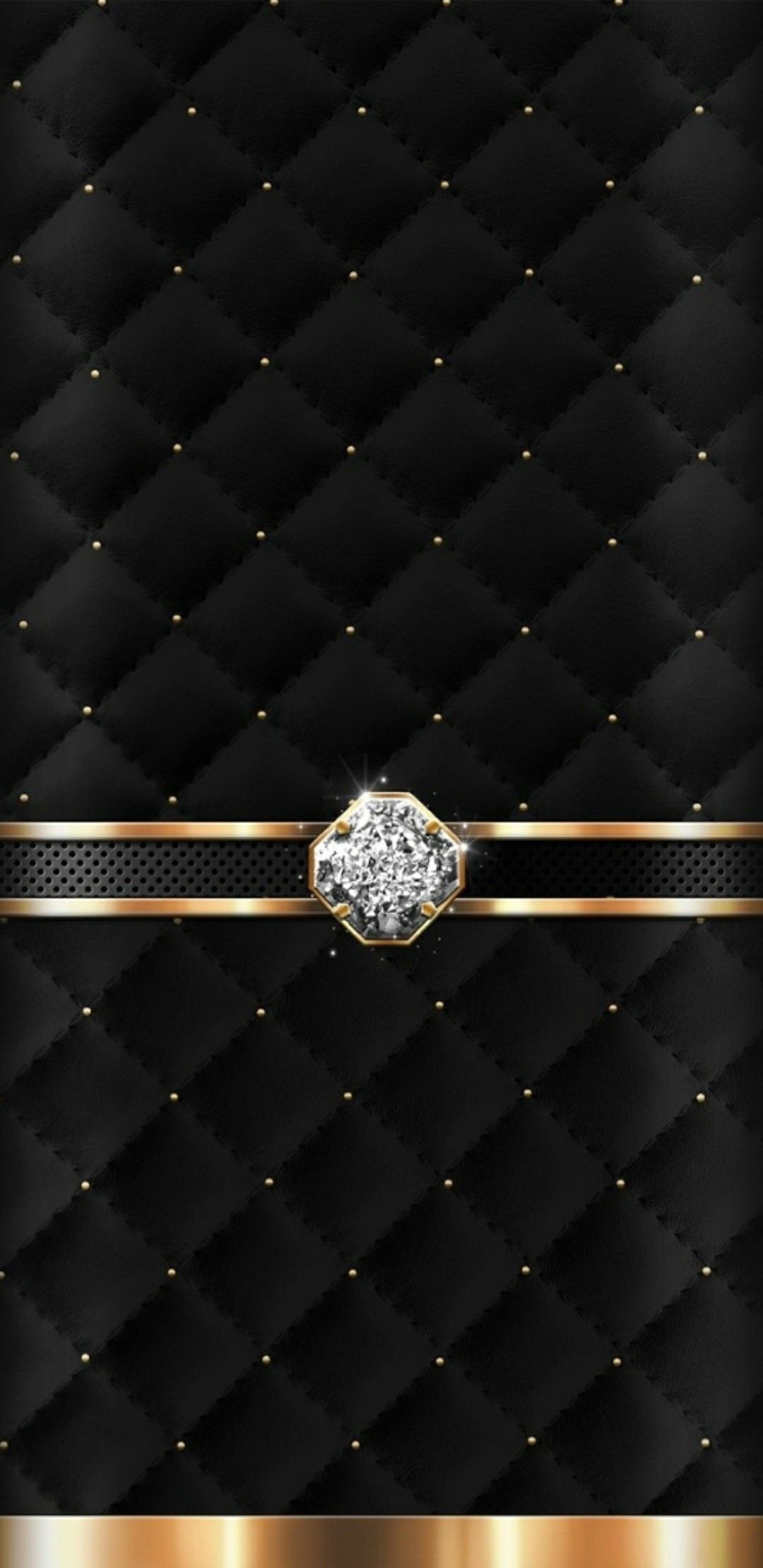 Elegant black and gold quilted phone wallpaper with diamond accent