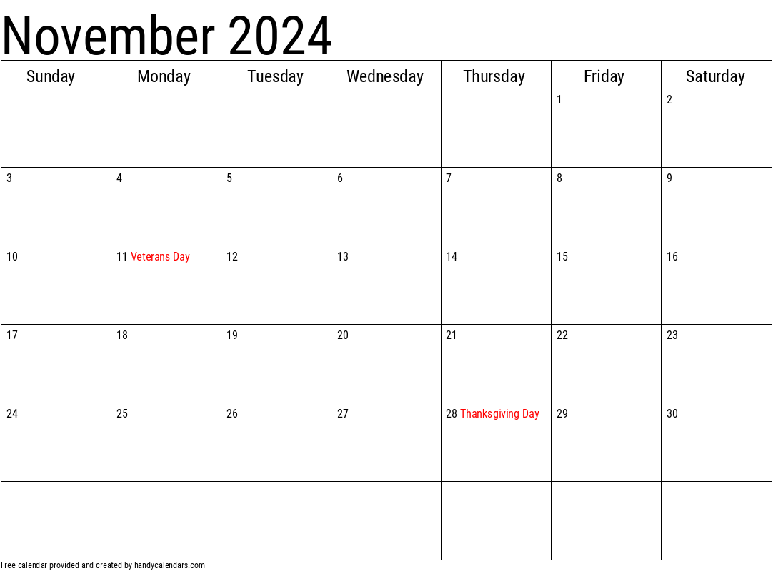 November 2024 calendar with highlighted holidays
