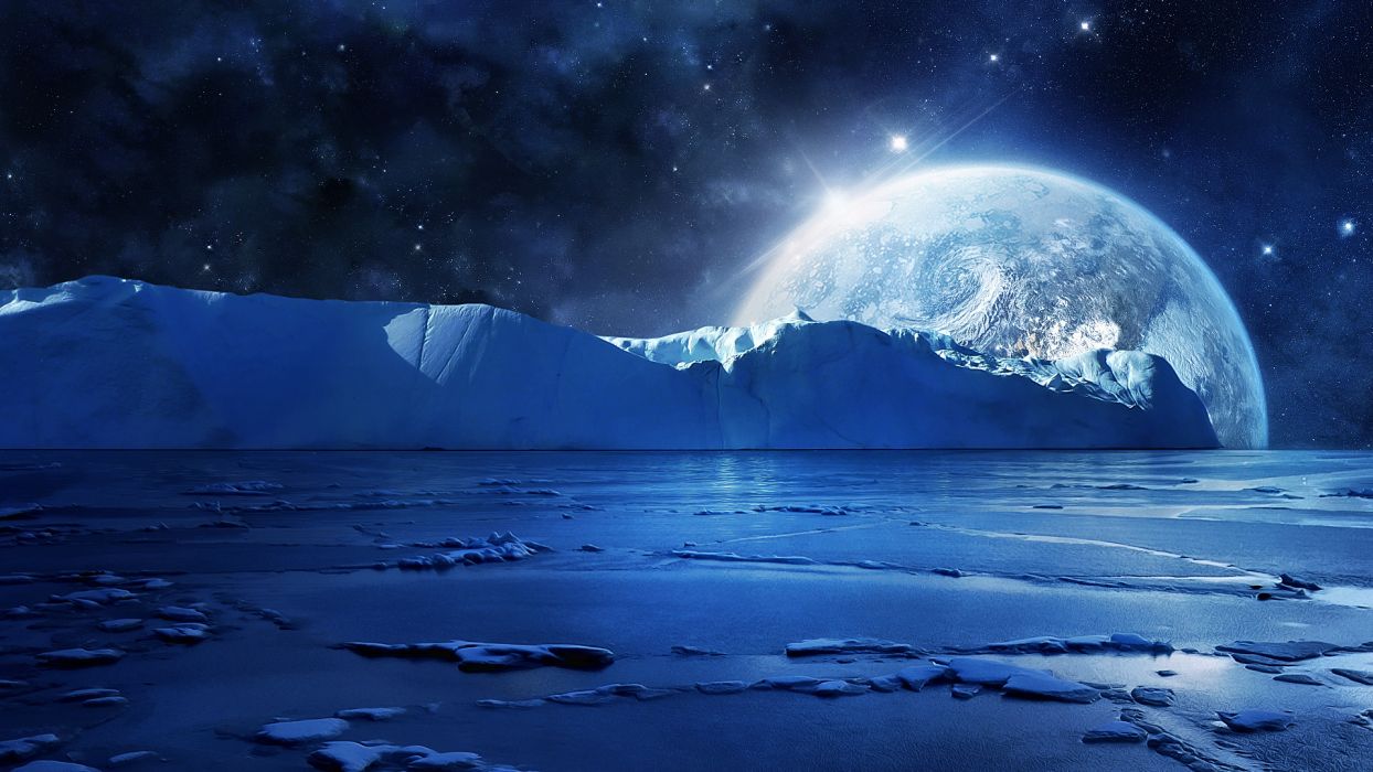 Art Manip Cg Digital Landscapes Artic Winter Ocean Sea Moon Sky