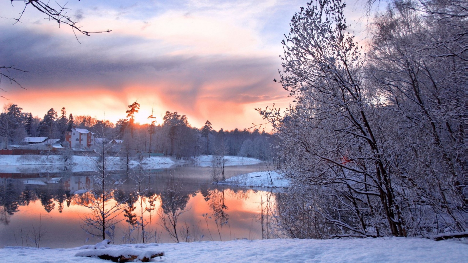 Beautiful Winter Cold And Morning Lake 1600 x 900 Download Close