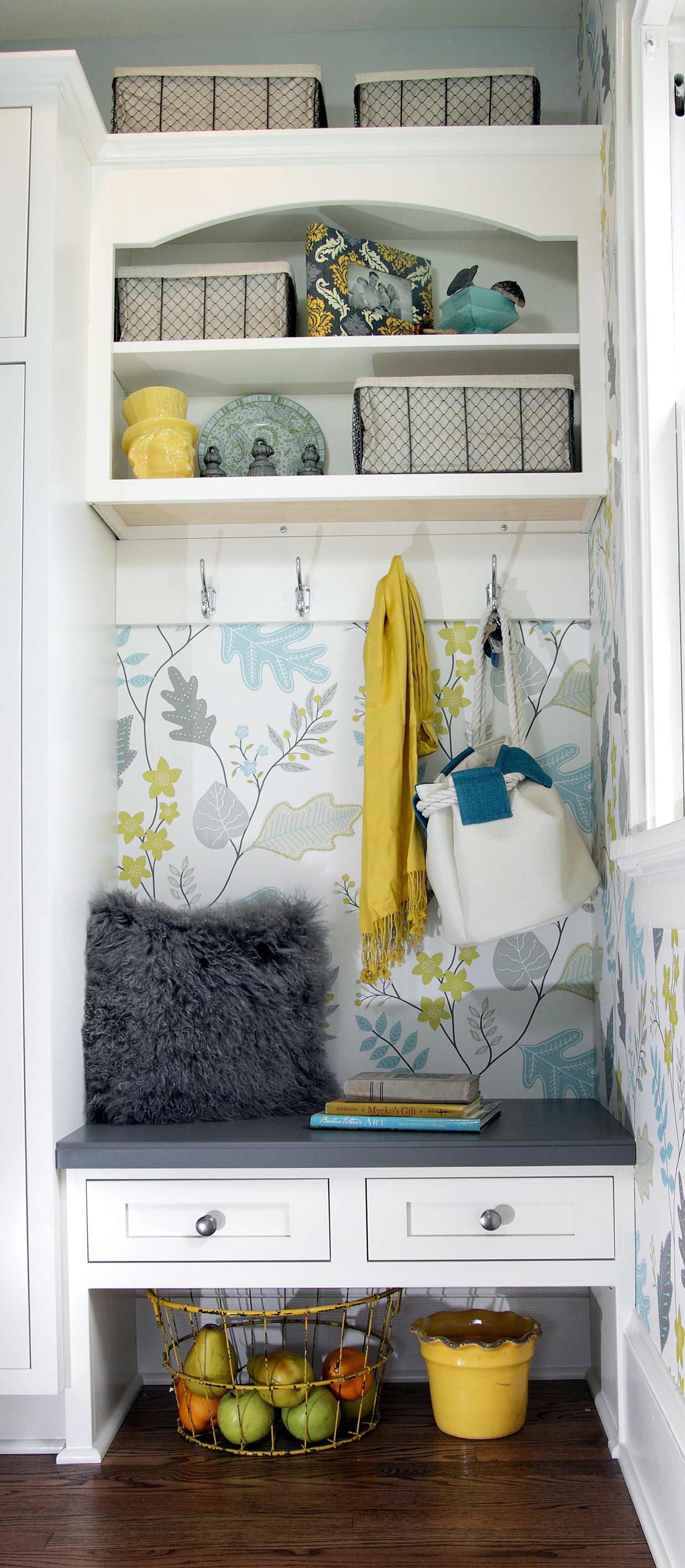 Boot Bench And Locker With White Cabiry Colorful Wallpaper