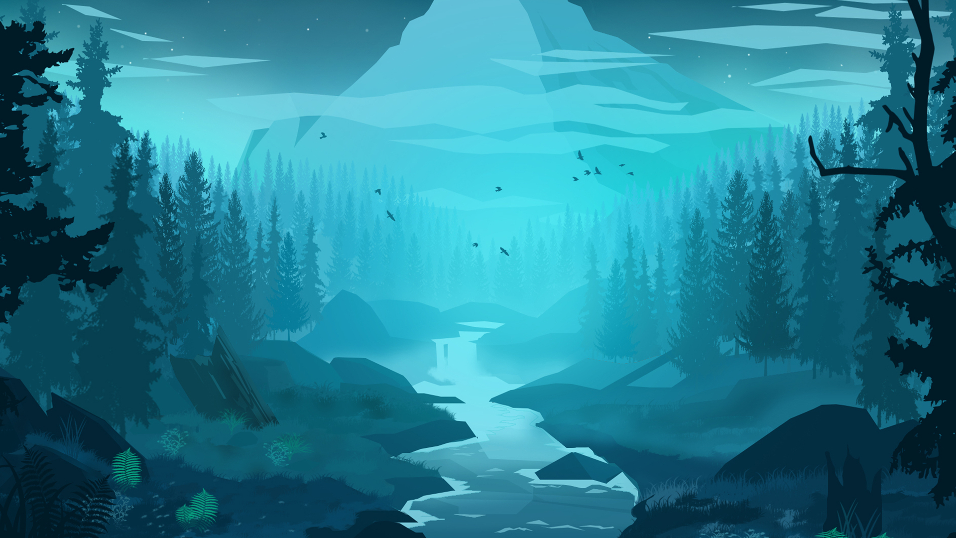Minimalist 4k wallpaper featuring a serene river flowing through a misty forest at dusk, with silhouettes of pine trees and a distant mountain