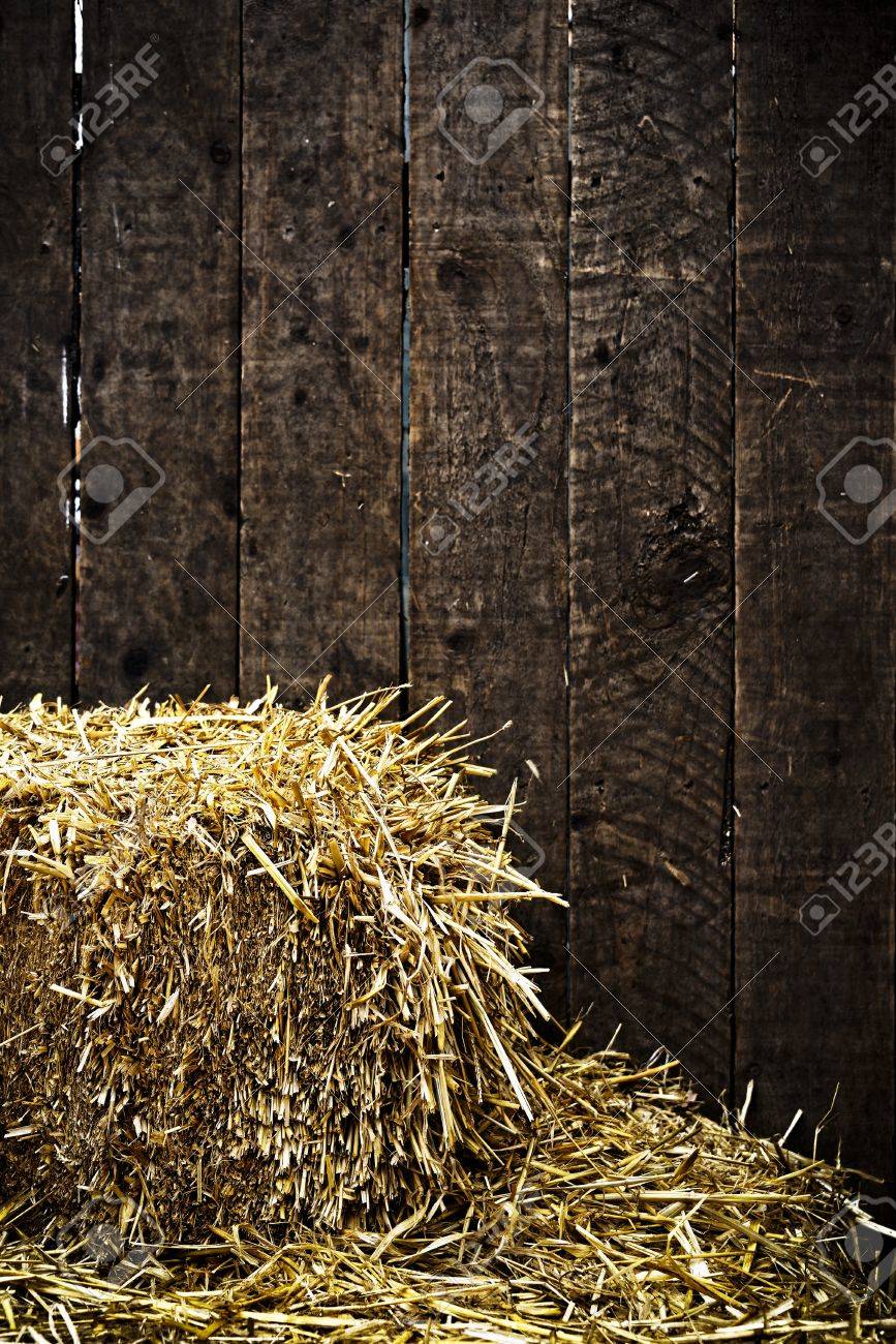 Bale Of Straw And Dark Wooden Background With Vigte Stock Photo