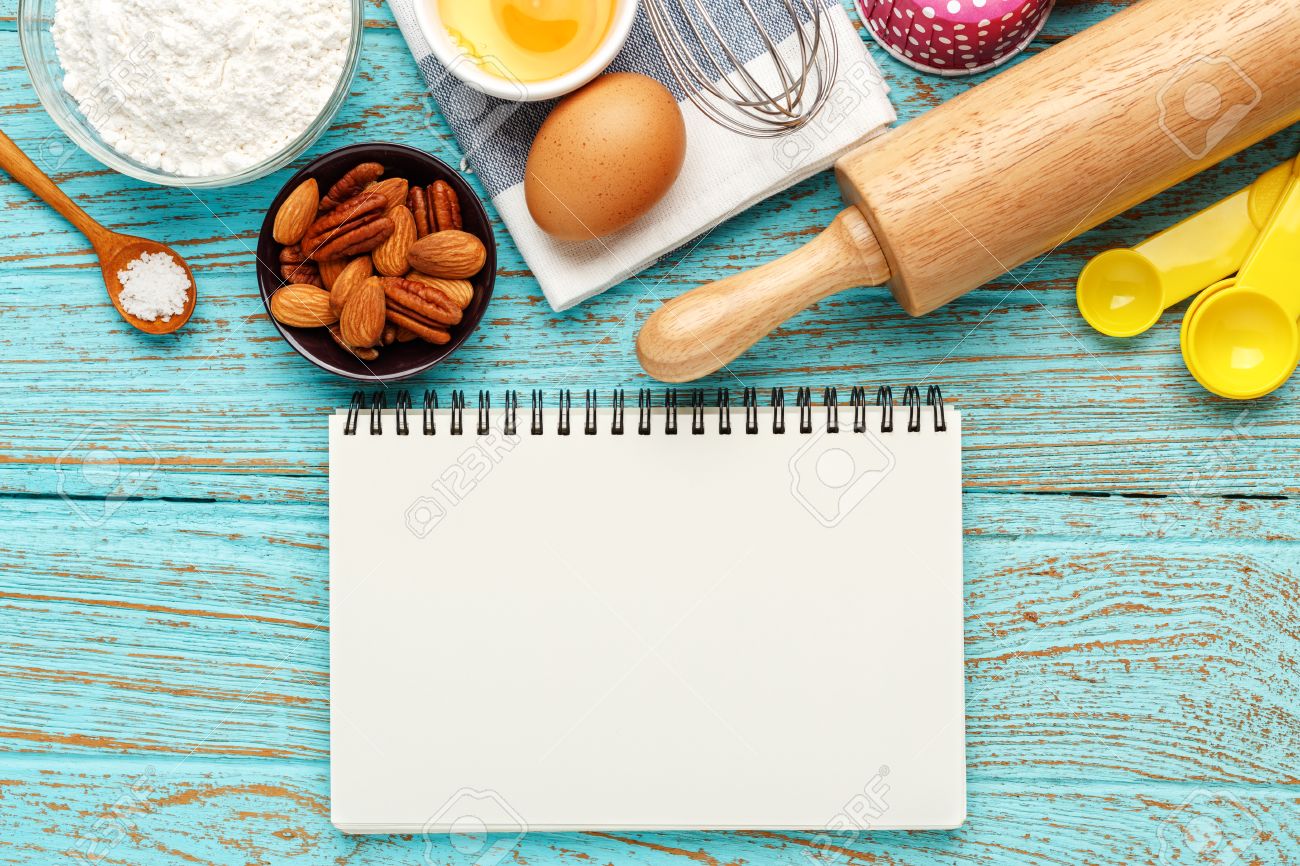 Bake Background With Notebook And Baking Ingredients Stock Photo