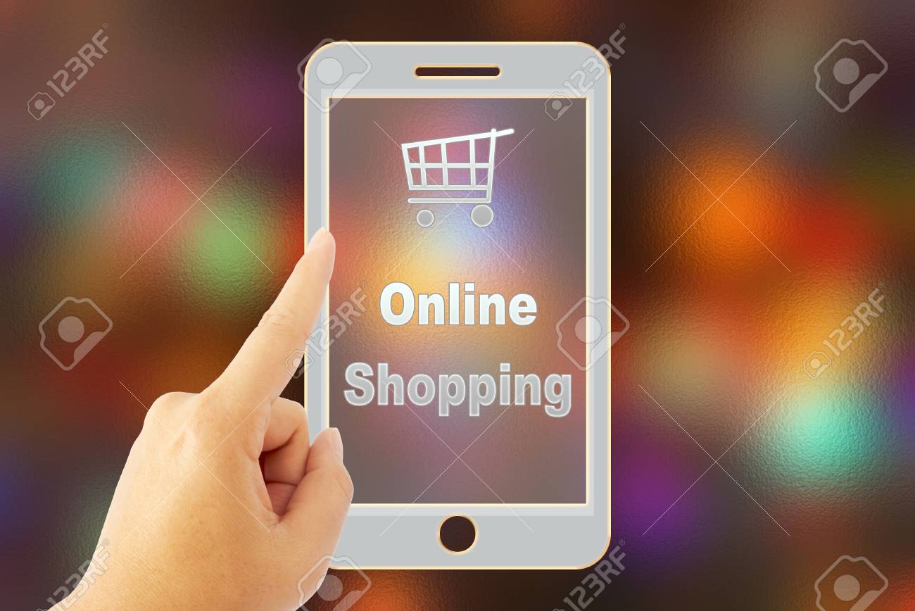 Hand Touch Smart Phone Online Shopping Over Blurred Background