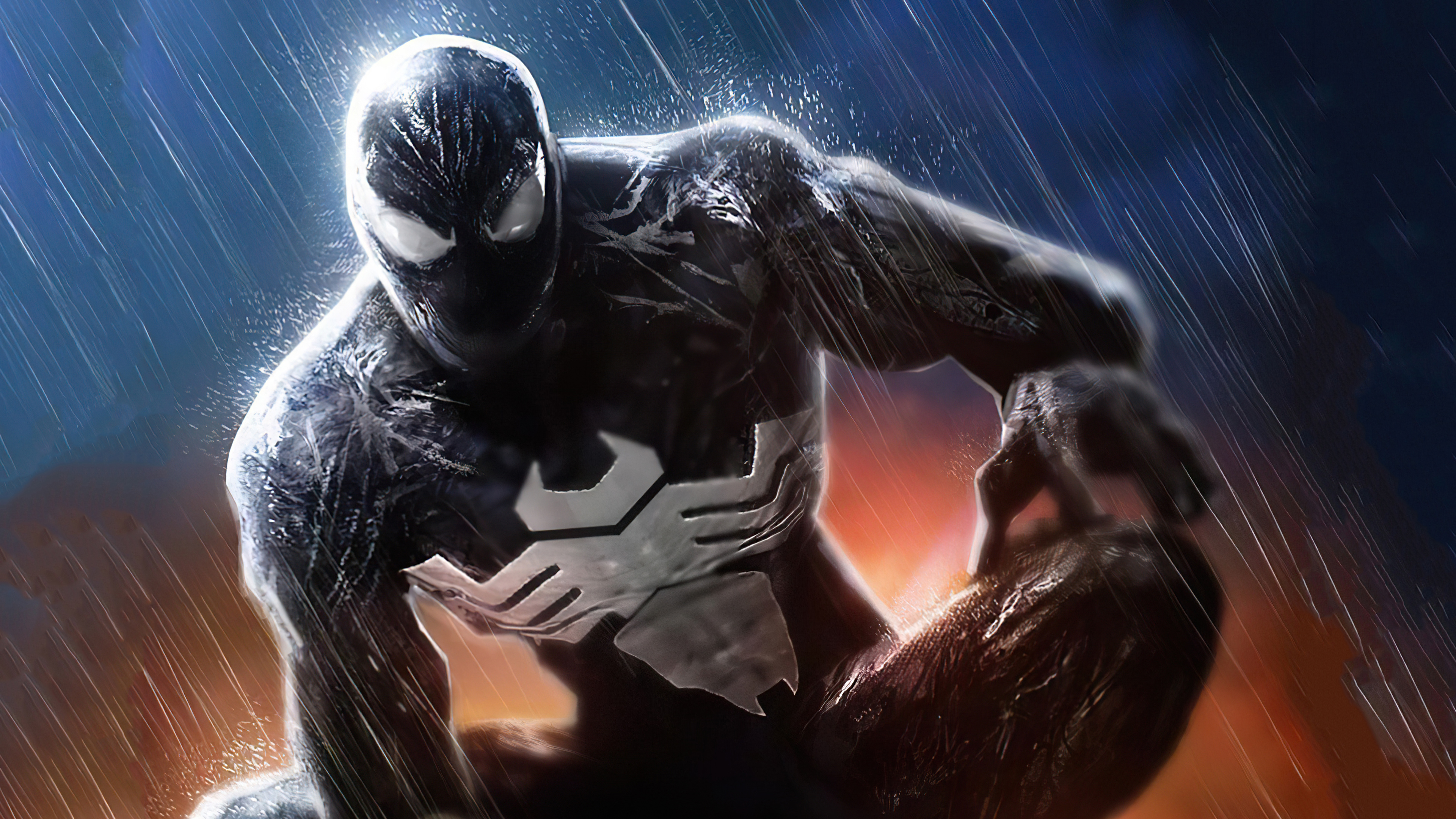 Venom crouching in the rain, a menacing figure from Marvel Comics