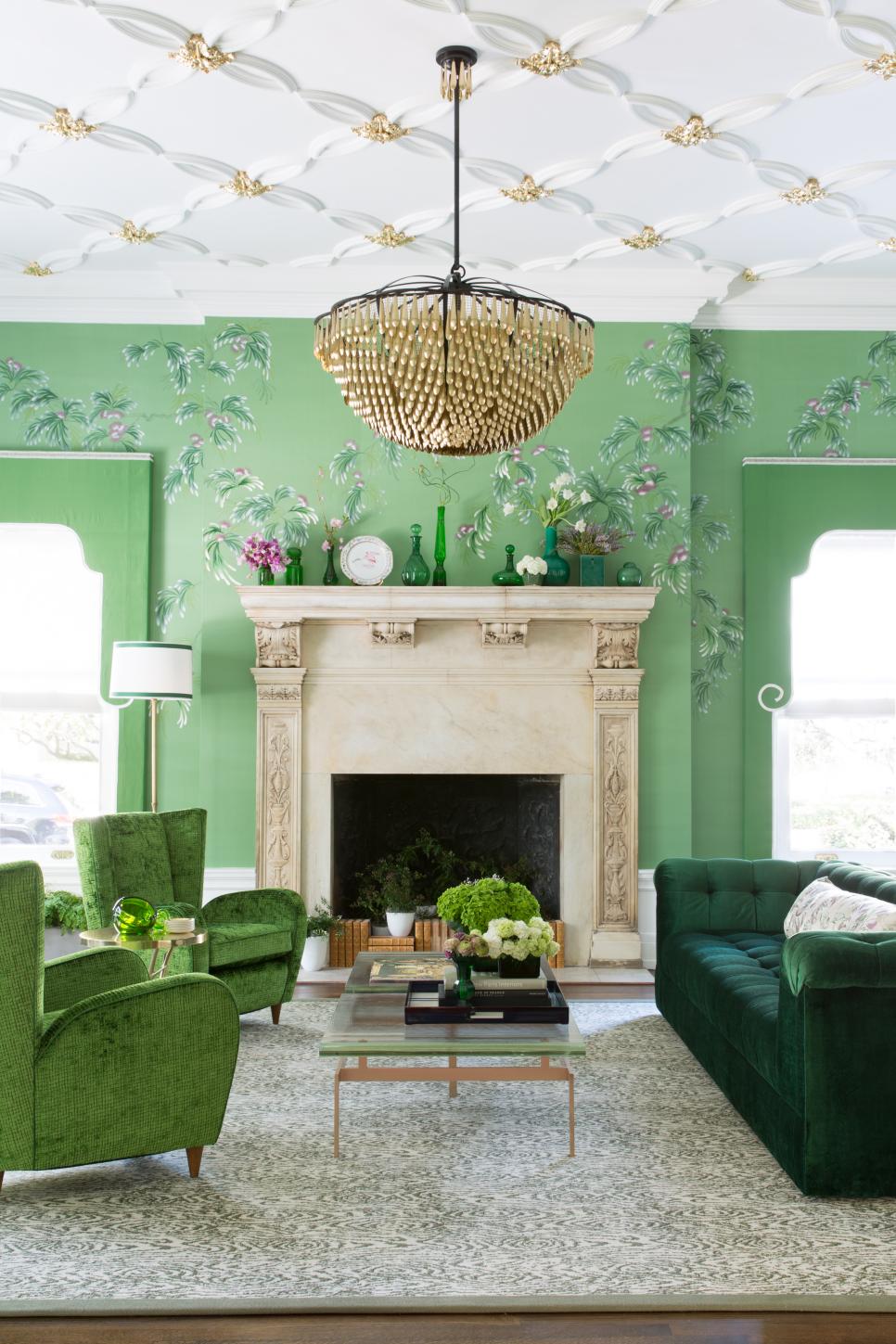 Elegant Eclectic Living Room With Hand Painted Wallpaper And Green
