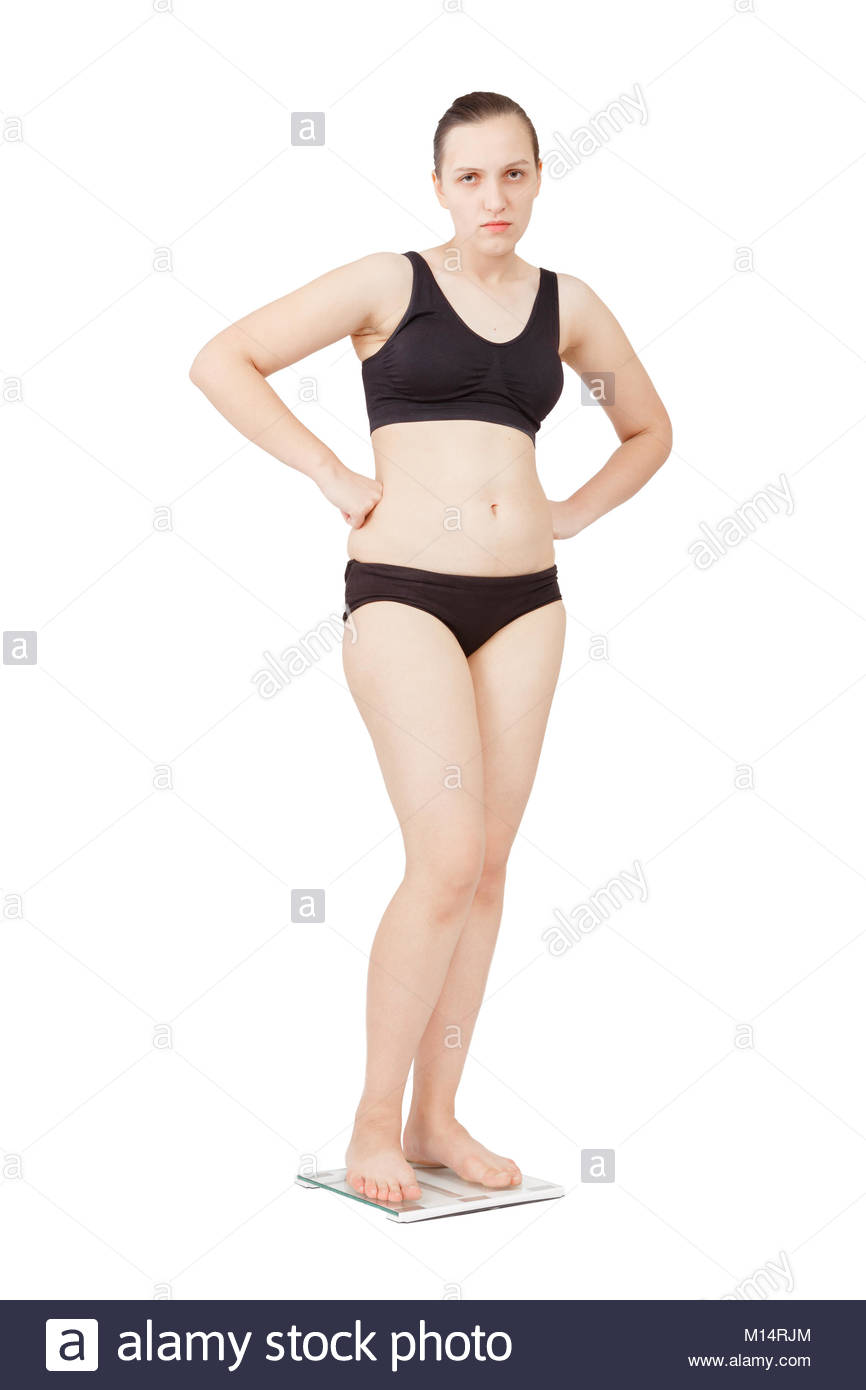 Sad Thick Overweight Woman On Scales Isolated Over White