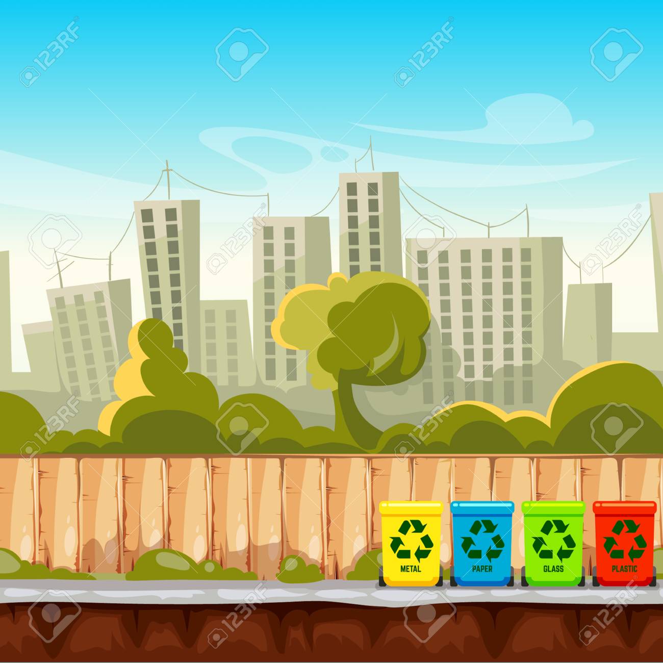 Recycle Waste Bins With Cityscape Background Management