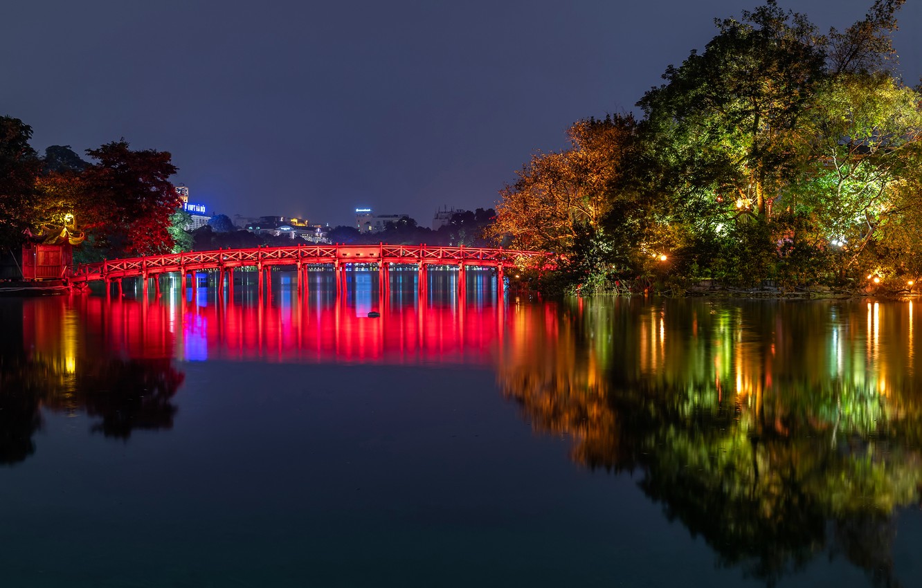 Wallpaper Trees Night Bridge Lights River Home Vietnam