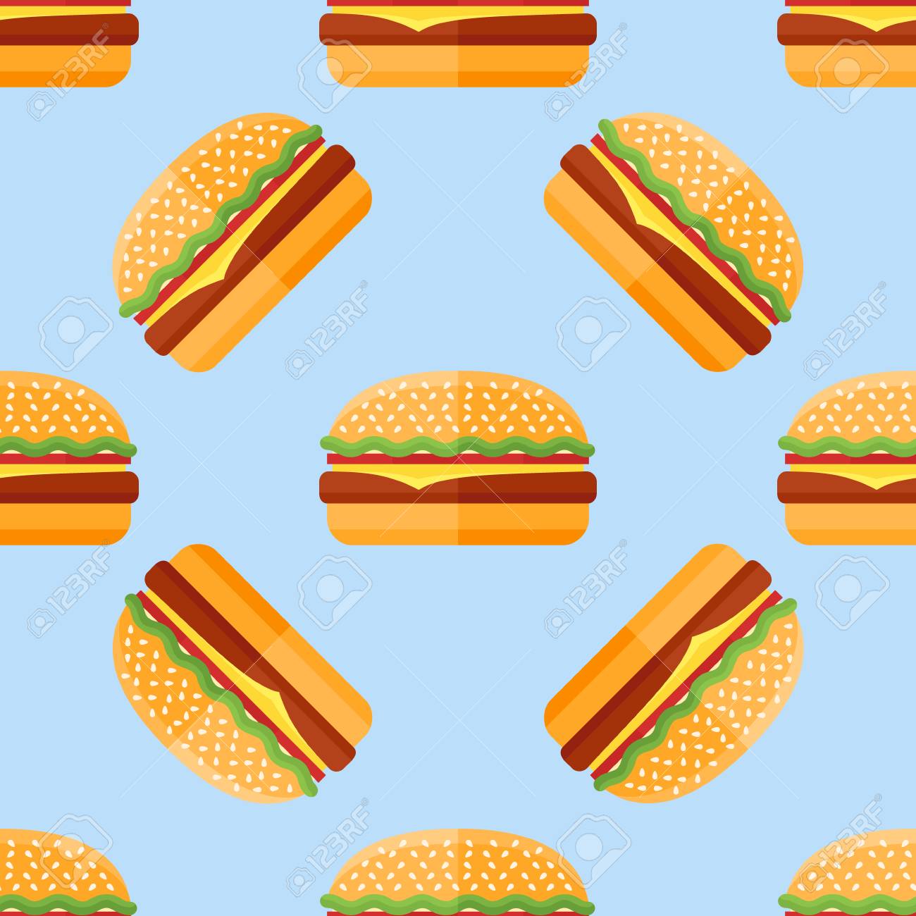 Seamless Pattern With Hamburger On Blue Background Vector Texture