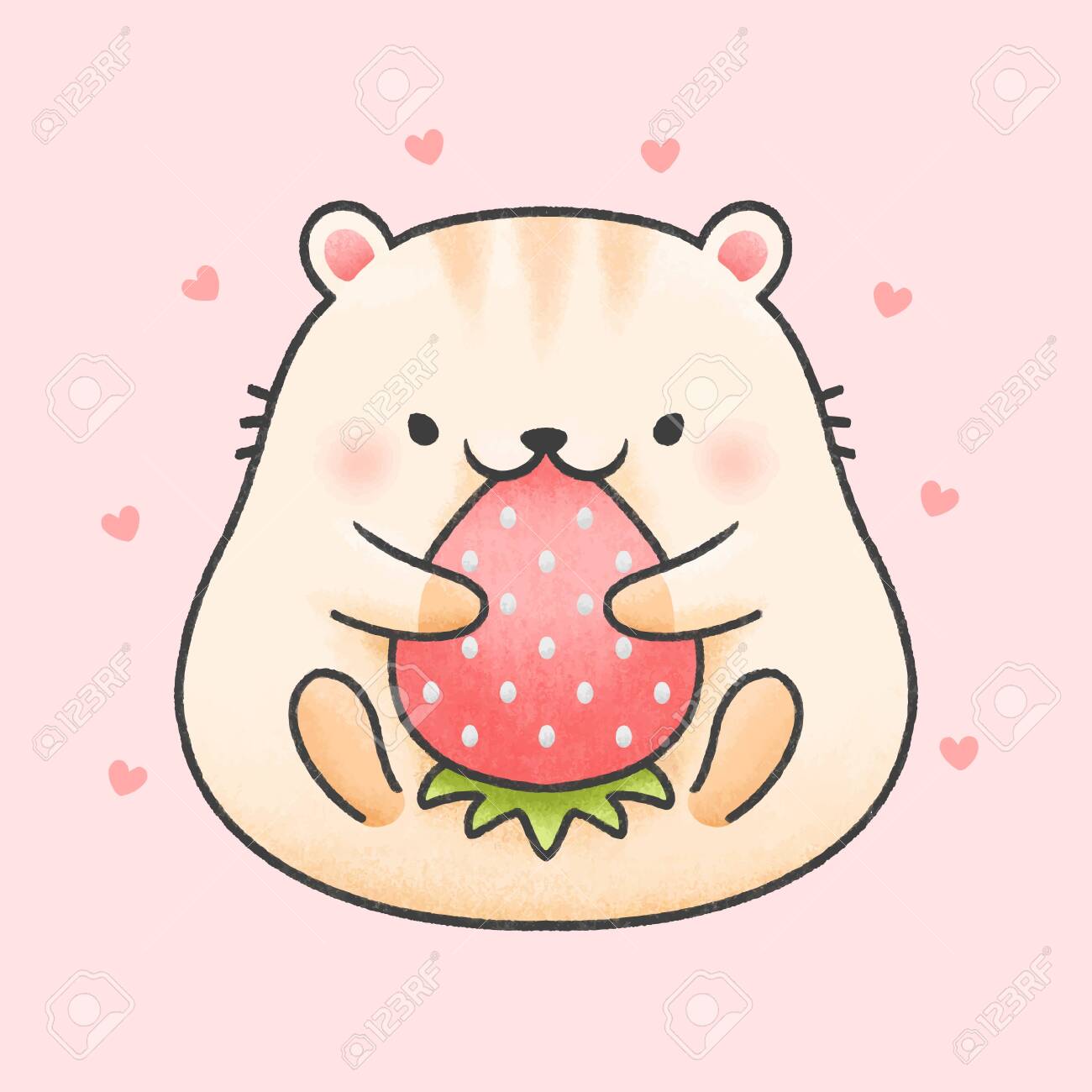 Cute Hamster Eat Strawberry Hand Drawn Cartoon Animal Character