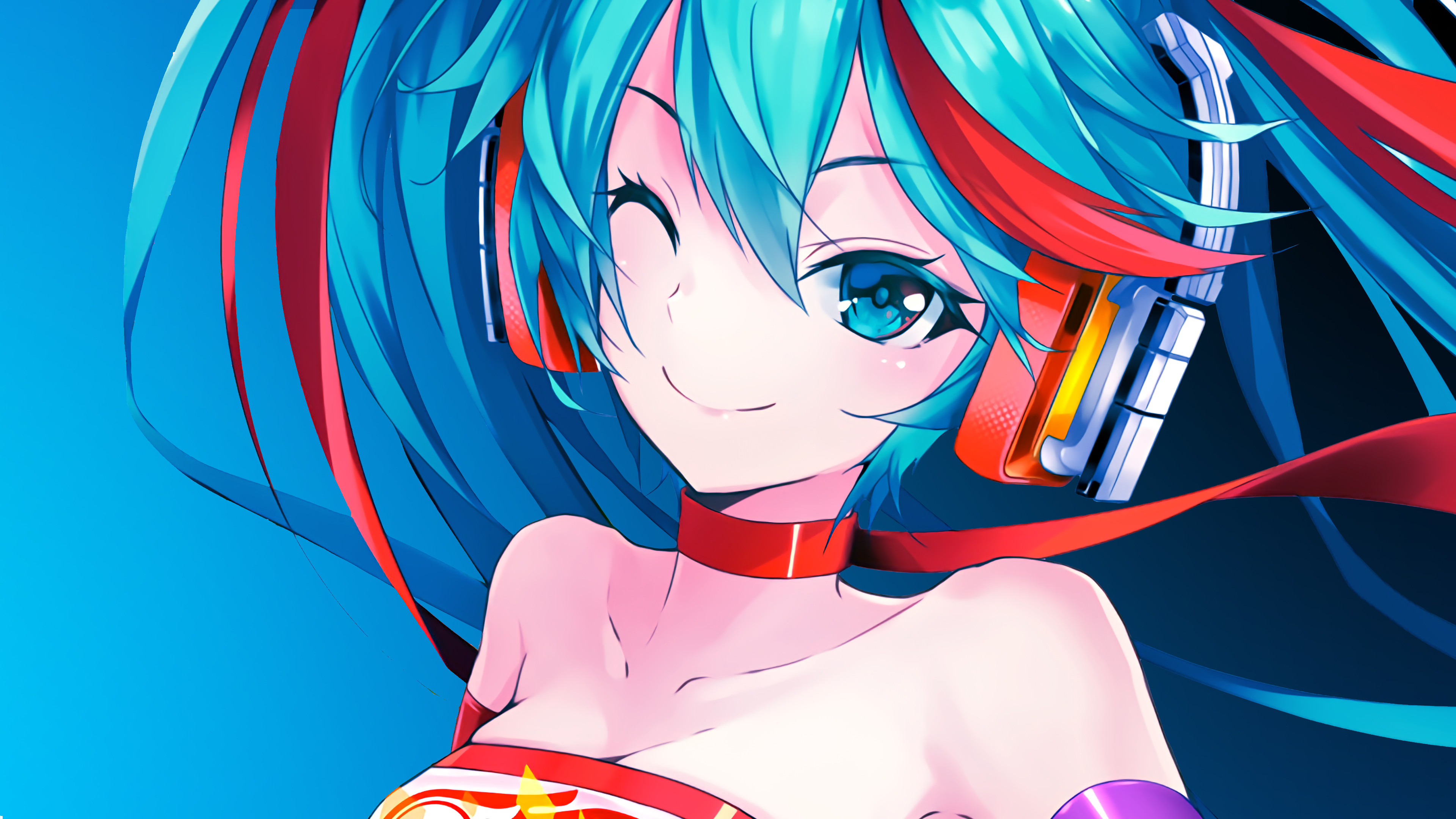 Close-up of vibrant anime girl with turquoise hair and headphones, winking against a bright blue background, suitable for a 4k live wallpaper