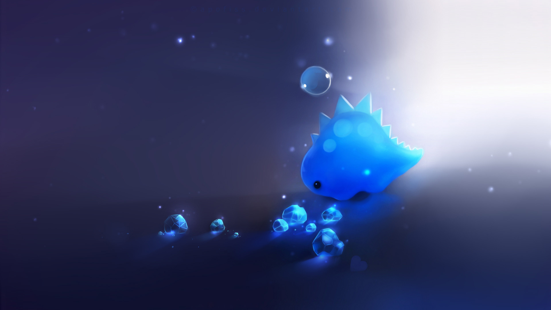 A cute, glowing blue dinosaur walks towards glowing crystals, with bubbles floating around it in a dreamy, dark blue environment. Perfect for a desktop background