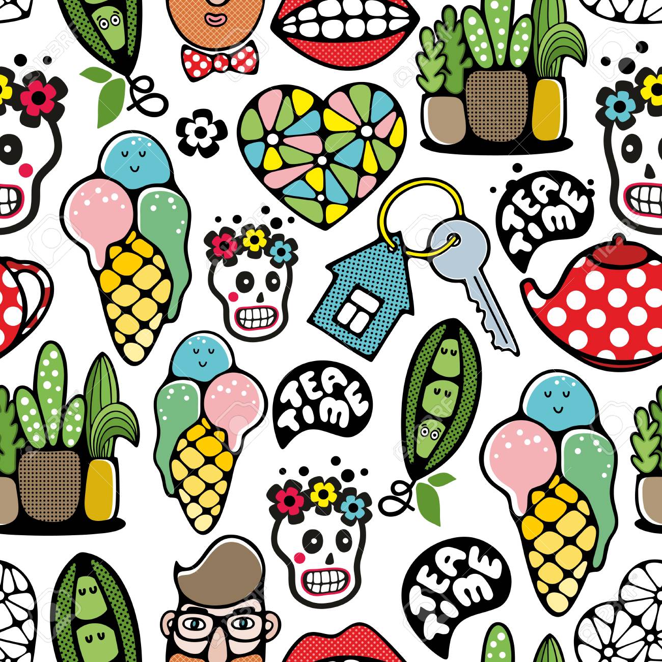 Colorful Seamless Background With Hipster And Funny Skulls Vector