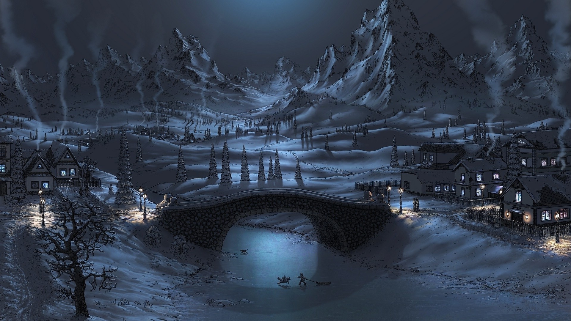 Winter Night In The Village Wallpaper