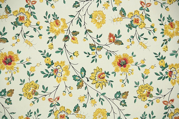 1940s Vintage Wallpaper   Floral Wallpaper with Yellow and Green