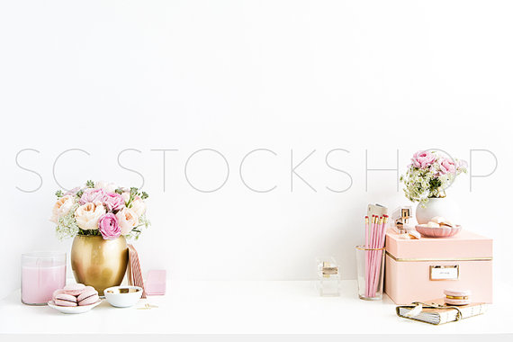 Stock Photography Blush Pink and Gold Desktop with White Background