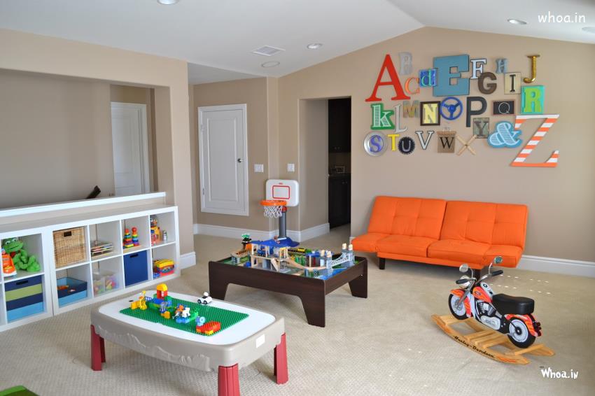 Basement Playroom Ideas With Alphabet Wall Decoration Orange Small