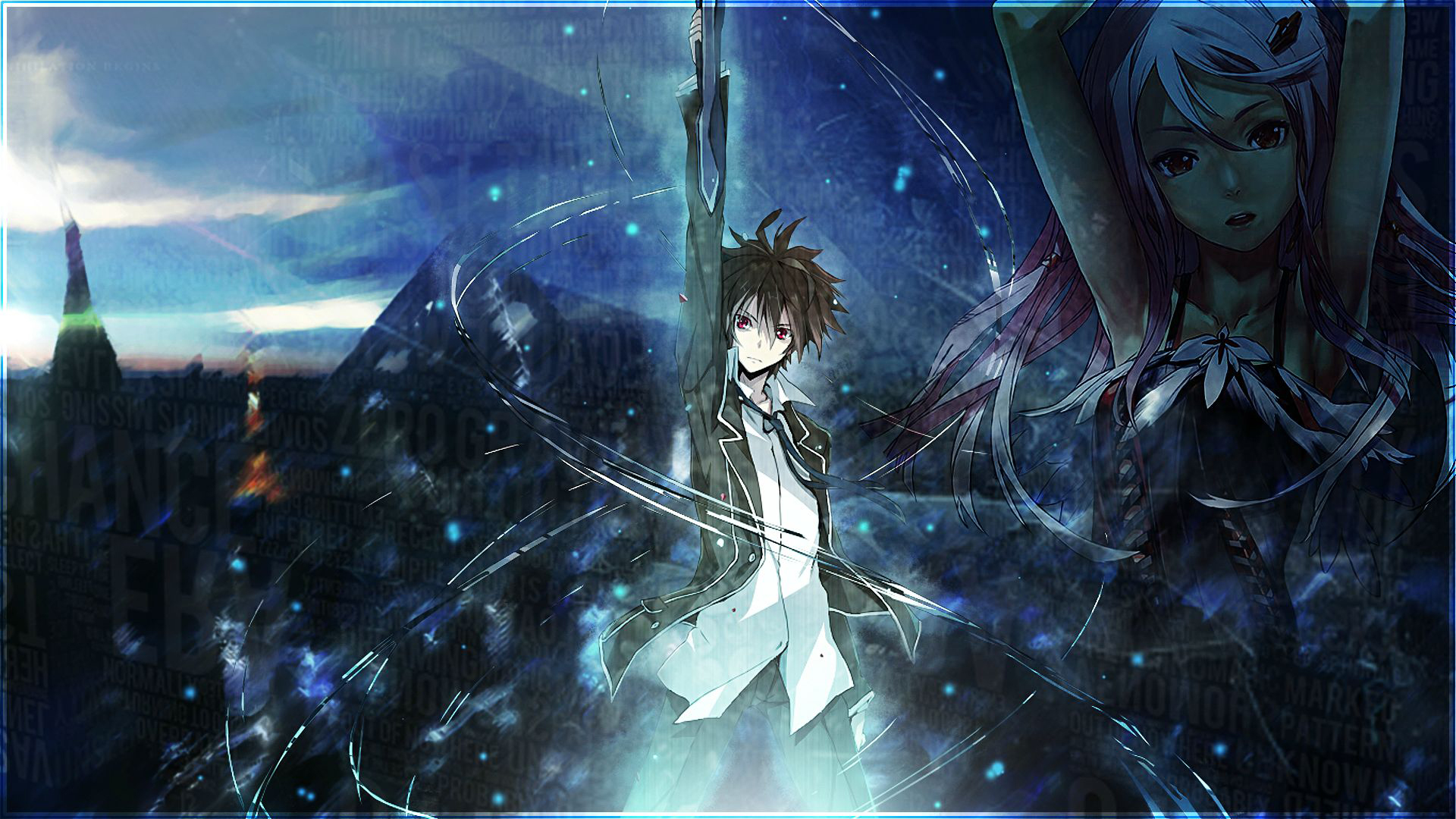 Anime characters in dynamic pose against a dark, fantasy backdrop