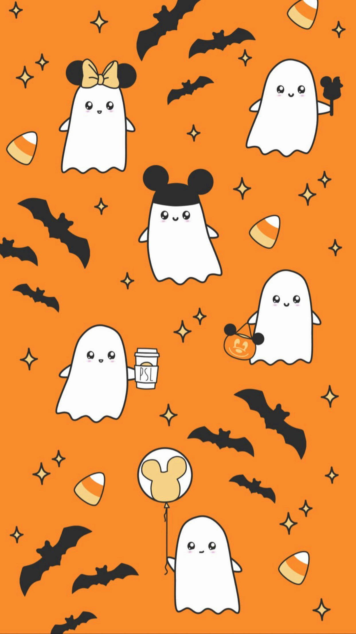 Cute Disney Halloween ghosts wallpaper with candy corn, bats, and Mickey Mouse ears