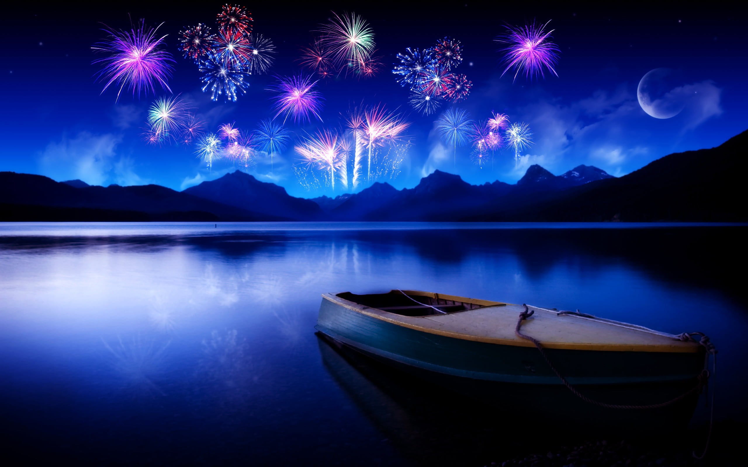 Brown Rowboat On Sea With Fireworks HD Wallpaper