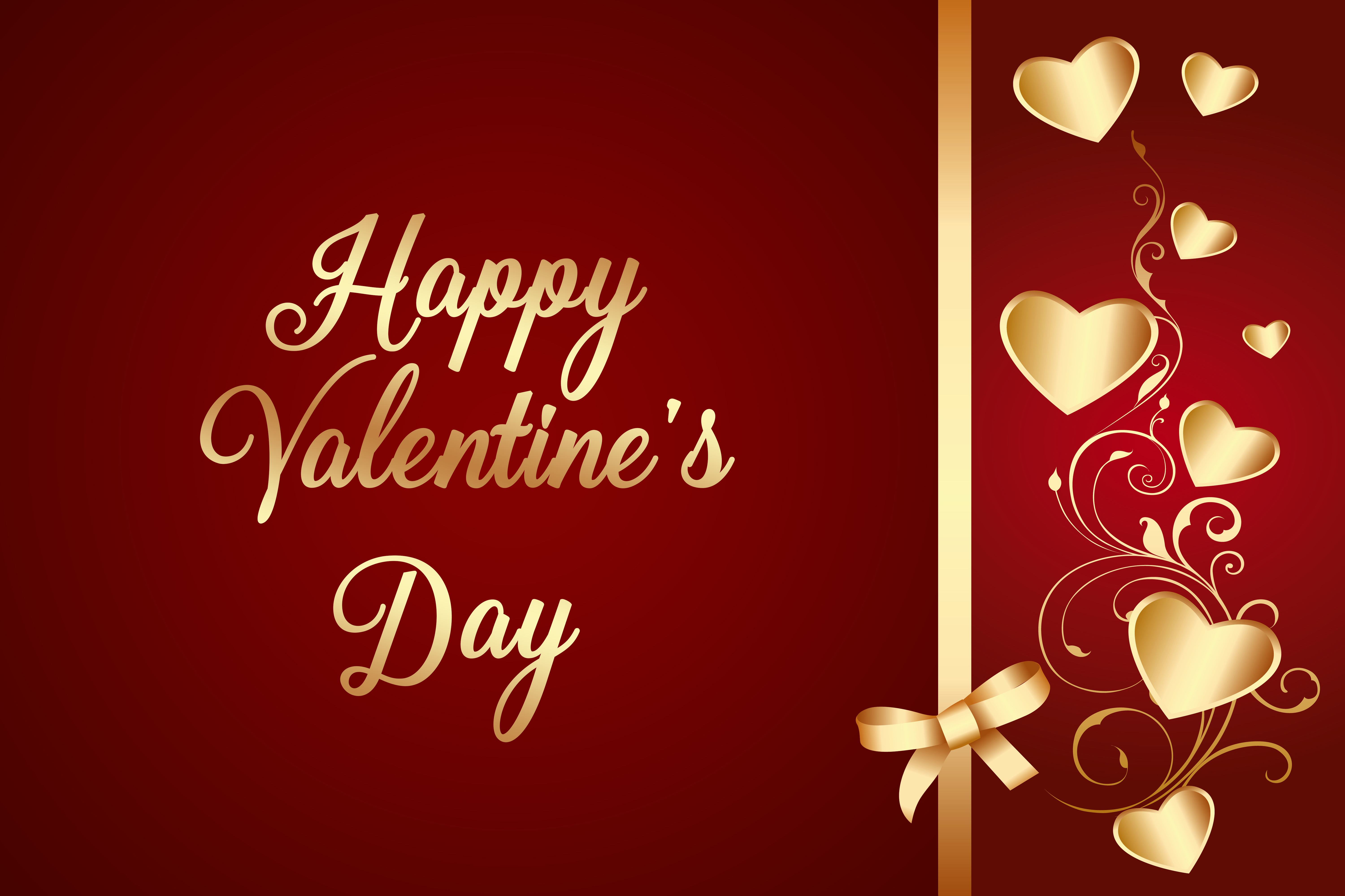 Elegant Valentine's Day design with gold hearts and ribbon on a rich red background
