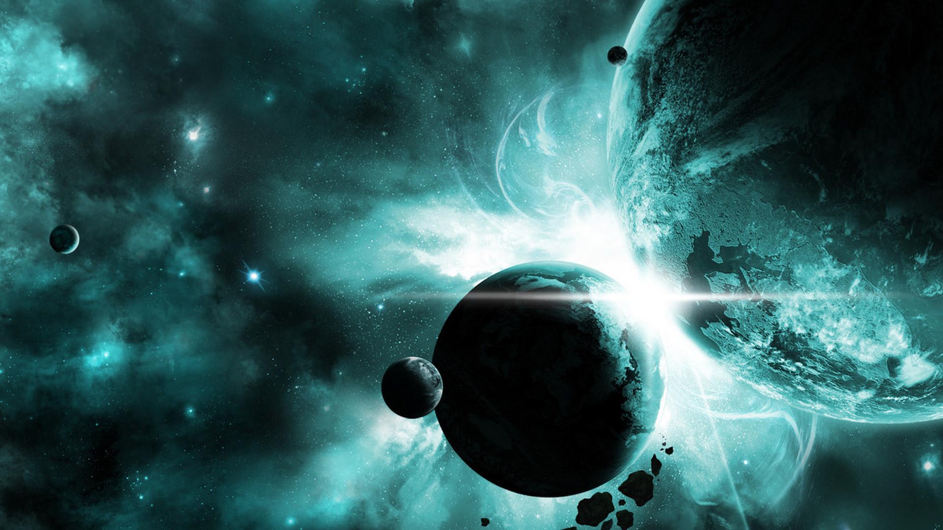 Stunning teal space wallpaper with planets and nebulae