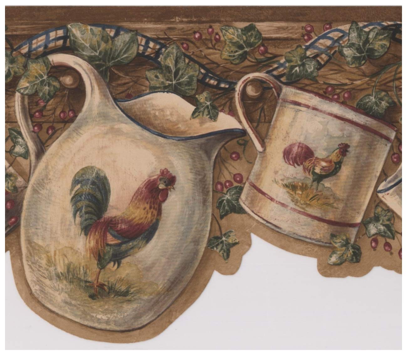 White Cup Kettle with Rooster Hanging on Hooks Red Berries Dark