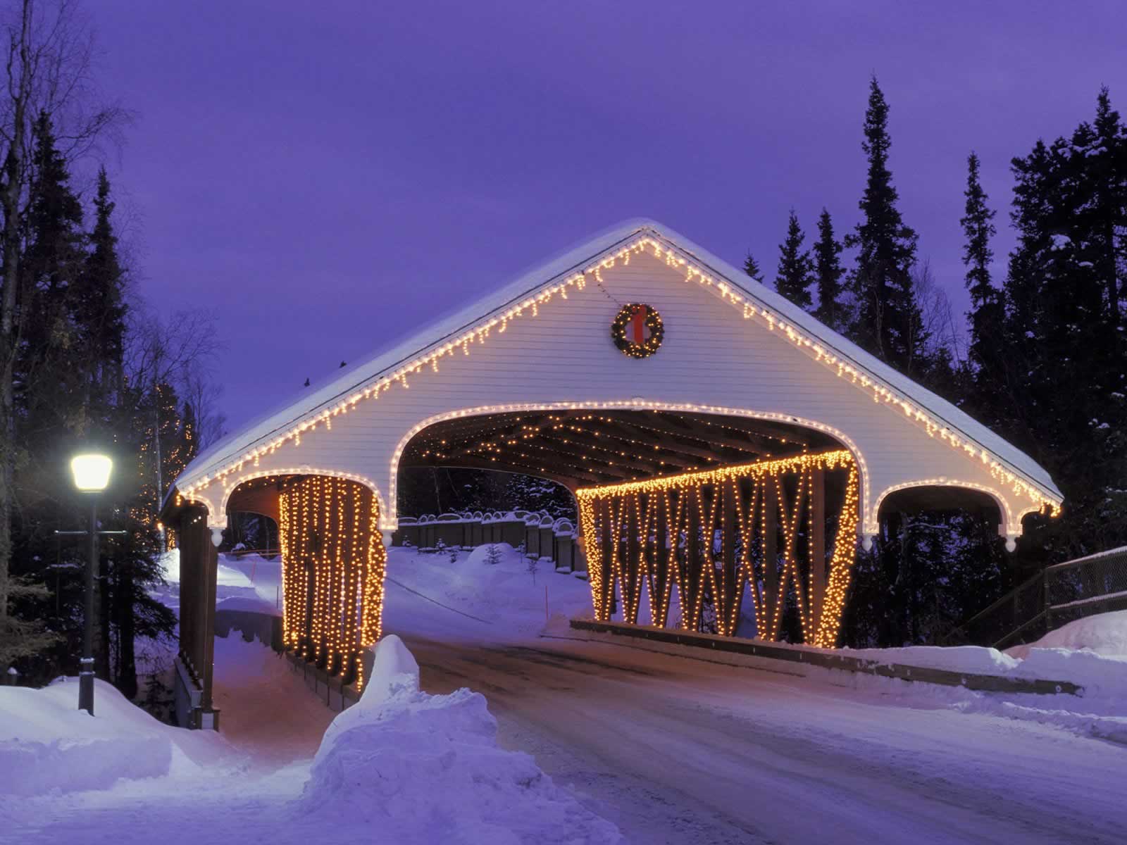 Christmas Covered Bridge Alaska Landscapes Wallpaper Image