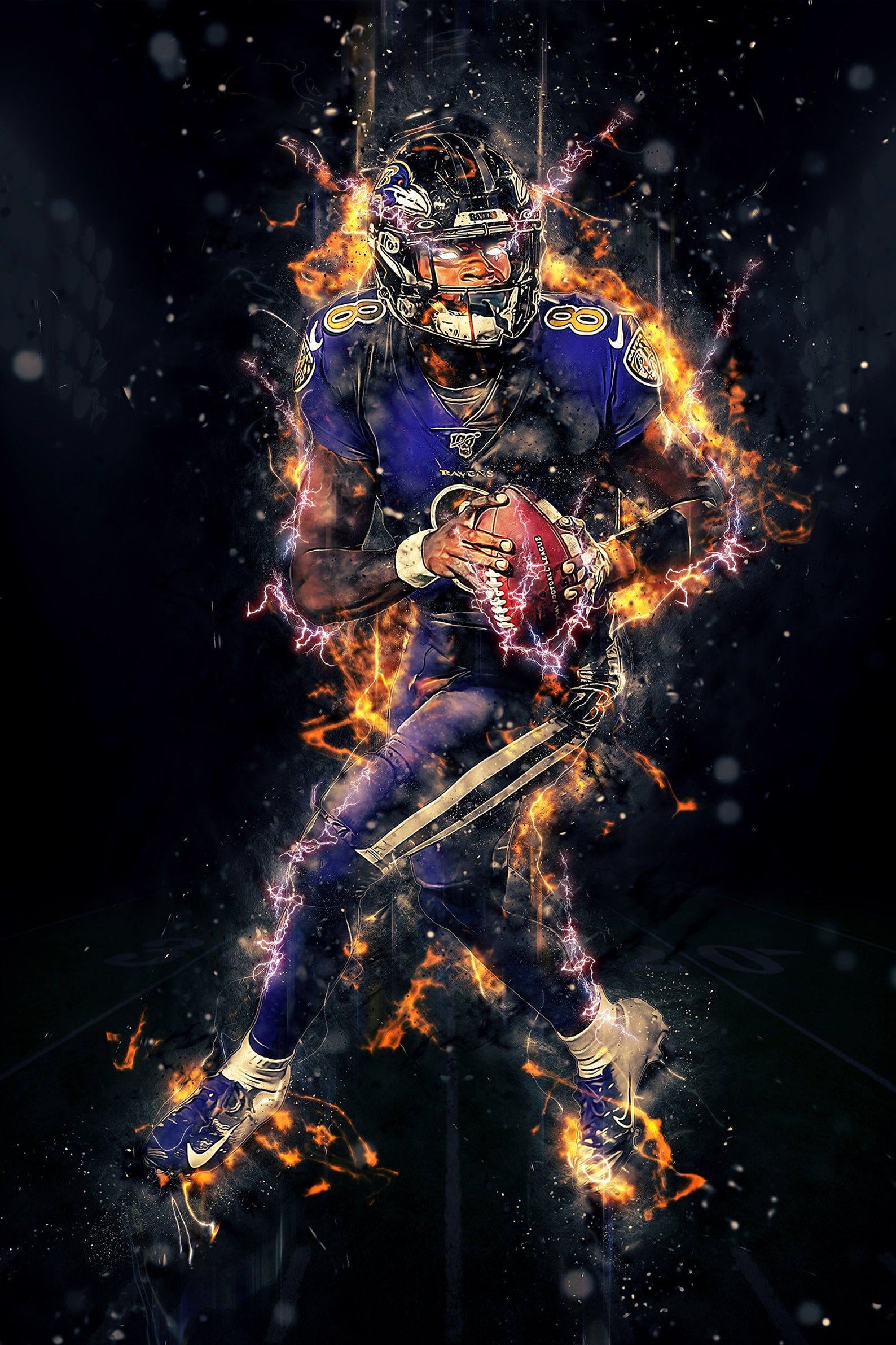 Dynamic action shot of Baltimore Ravens running back Justin Jackson in mid-stride, surrounded by fiery energy effects, carrying a football