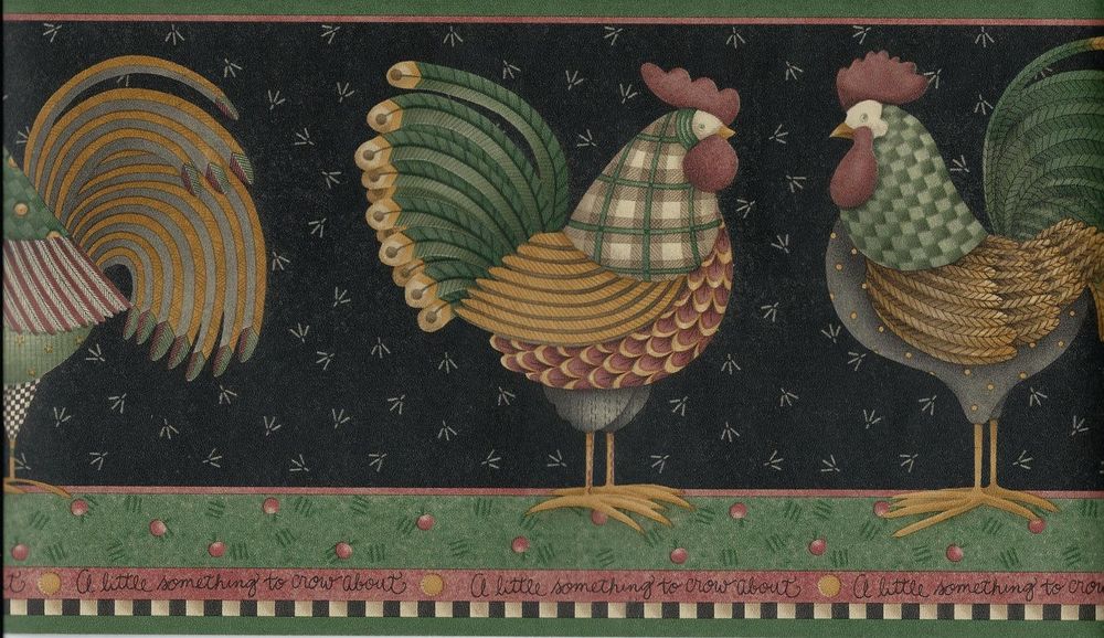 Whimsical Country Roosters On Black Wallpaper Border