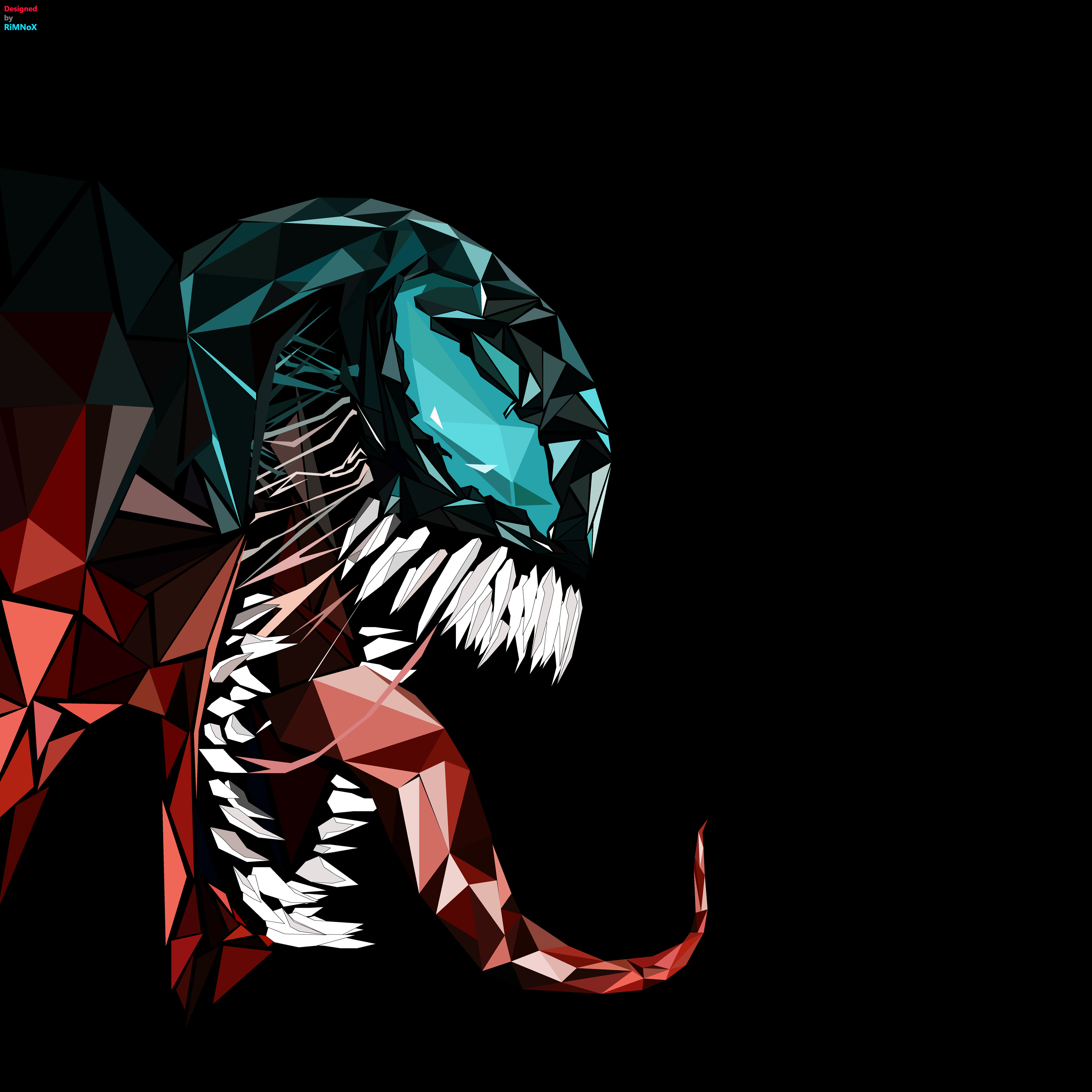 A striking, low-poly rendering of Venom's head and bared teeth, featuring a teal eye and textured red tongue against a stark black backdrop