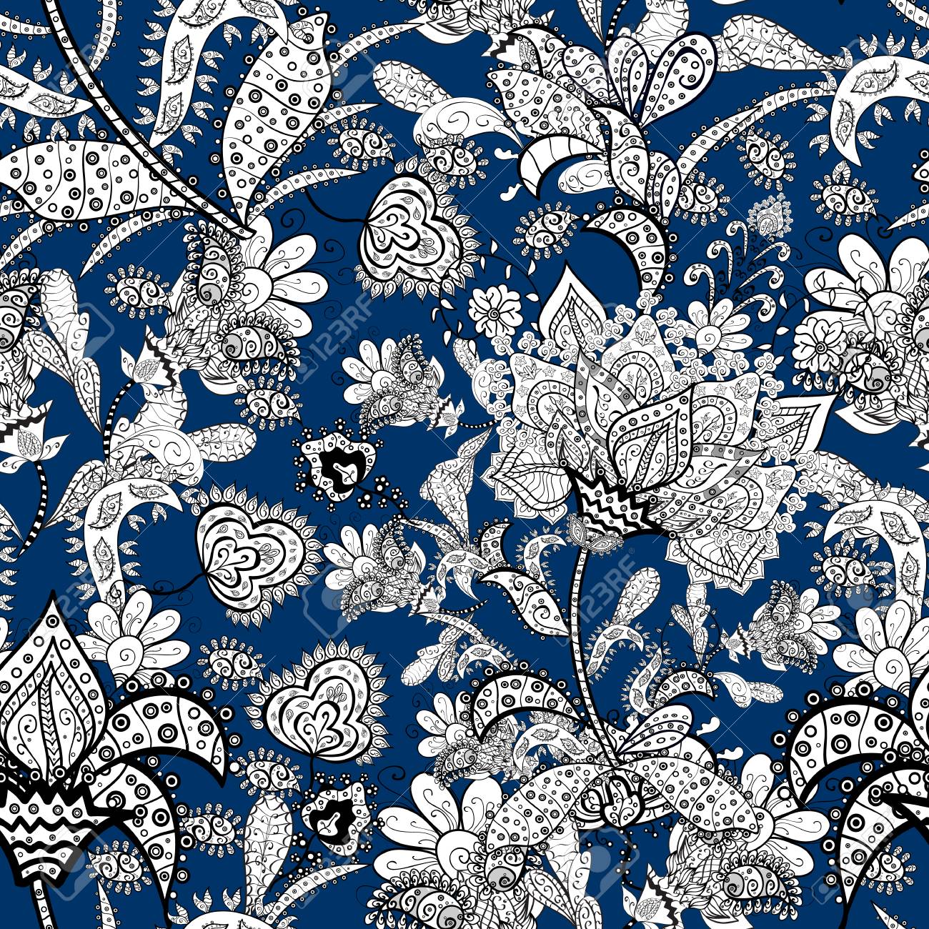 White Blue And Black Colors Vector Eamless Pattern Floral