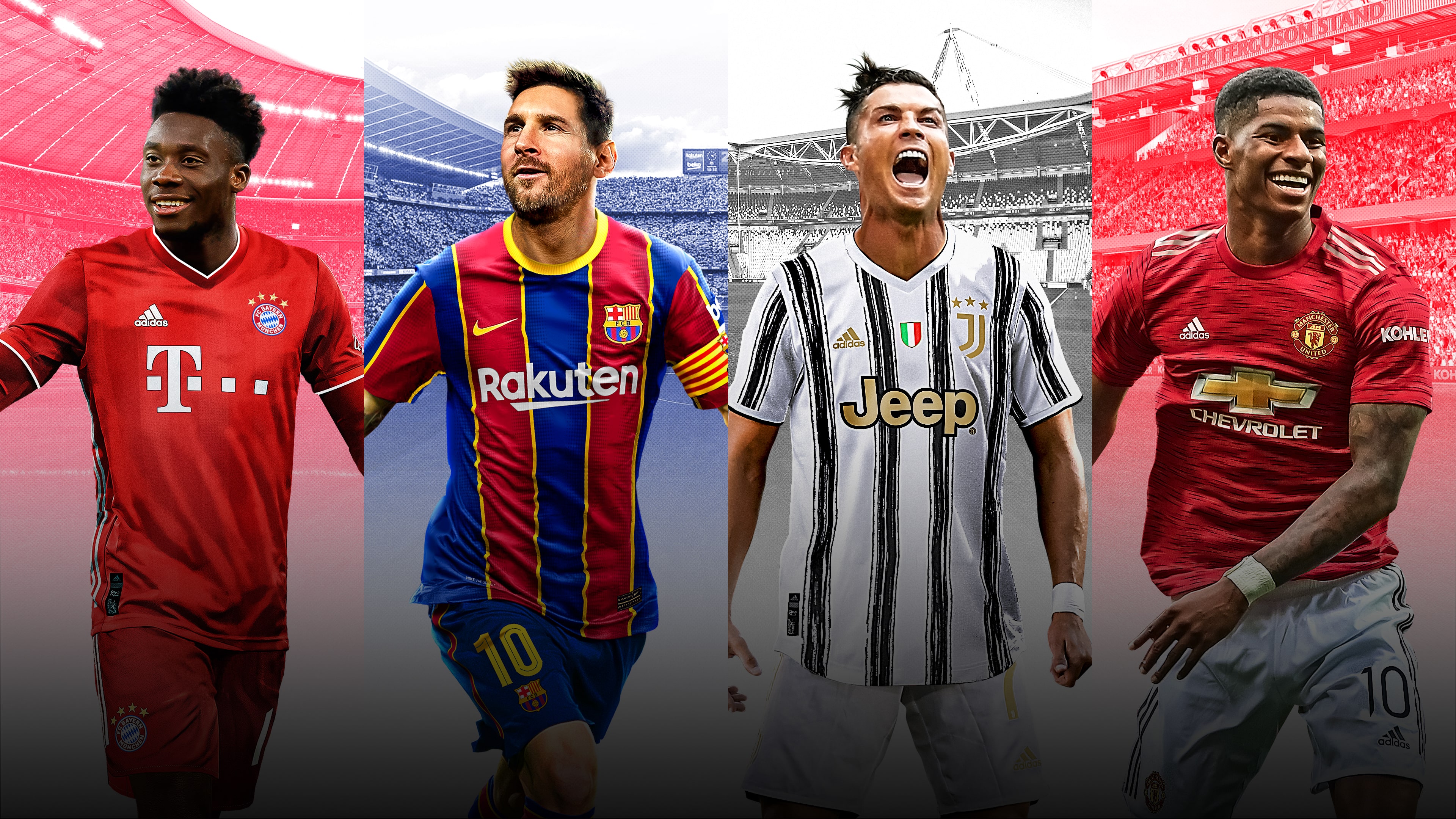 PES 2024 Wallpaper featuring star players Alphonso Davies, Lionel Messi, Cristiano Ronaldo, and Marcus Rashford