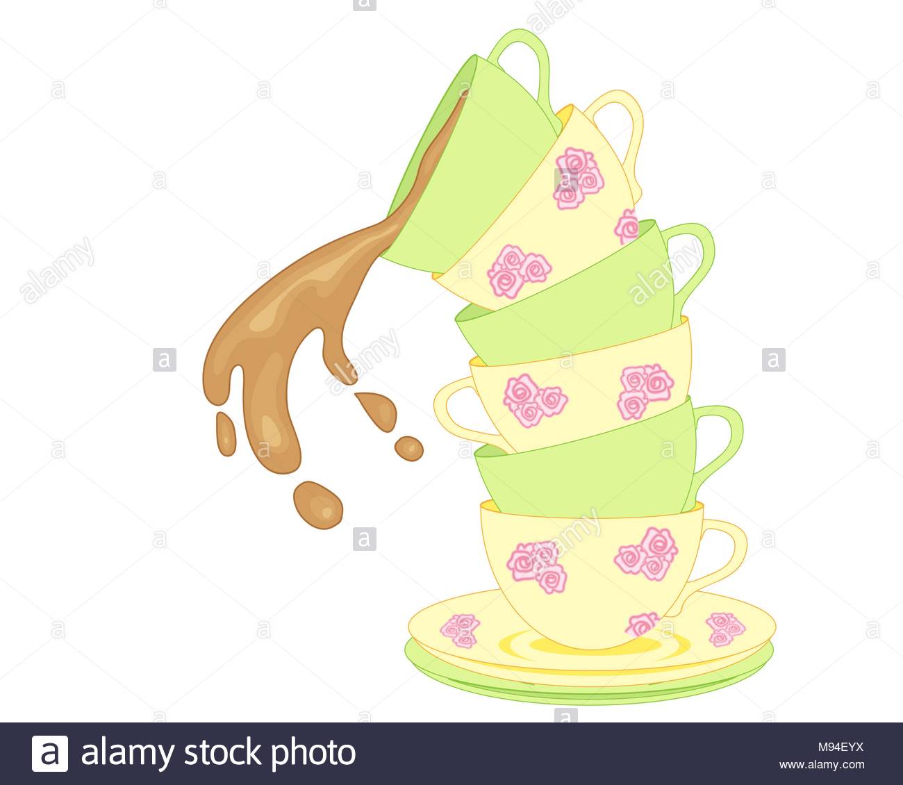 An Illustration Of A Stack Fancy Tea Cups Tumbling Over With