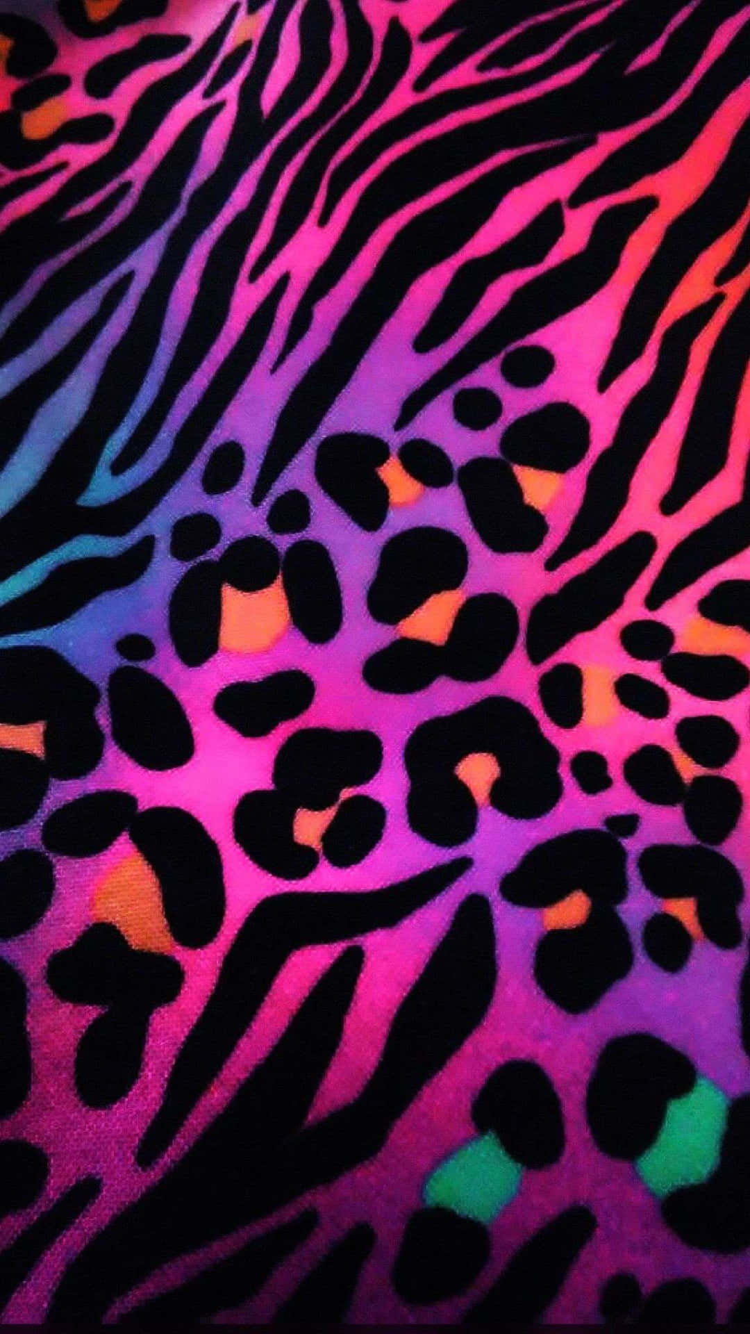 Vibrant glitter leopard print fabric with a zebra stripe overlay, featuring neon pink, purple, and orange hues