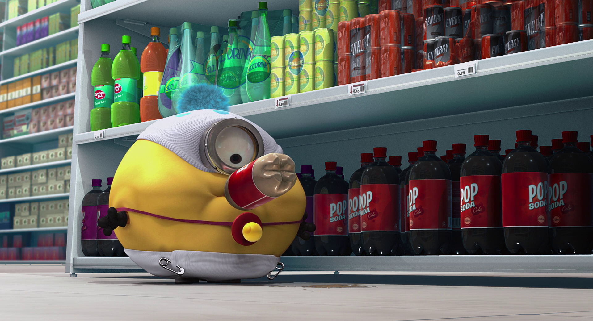 A Minion from Despicable Me drinks a soda in a grocery store aisle