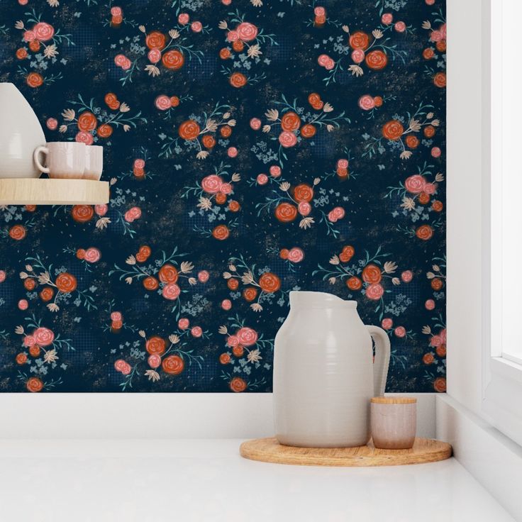 Navy Floral Wallpaper In