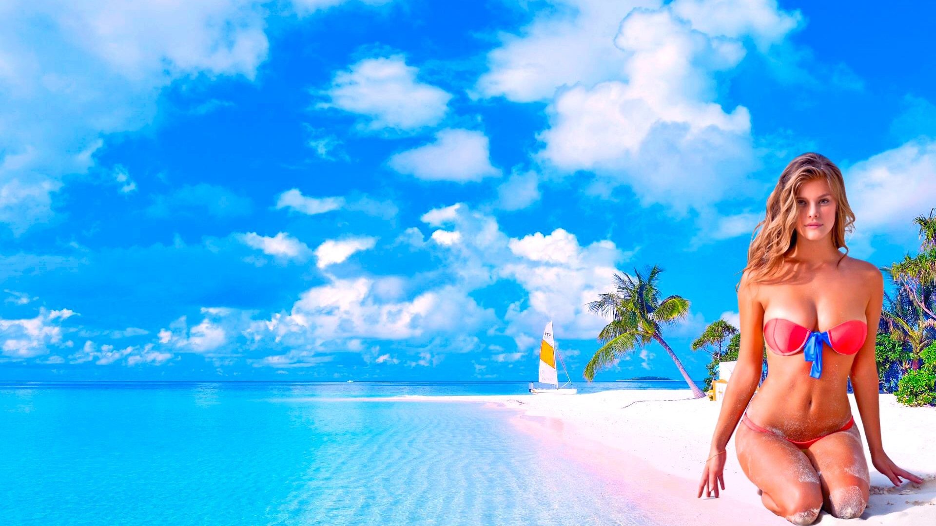 Nina Agdal Model On Beach In Bikini 4k UHD Hot Wallpaper