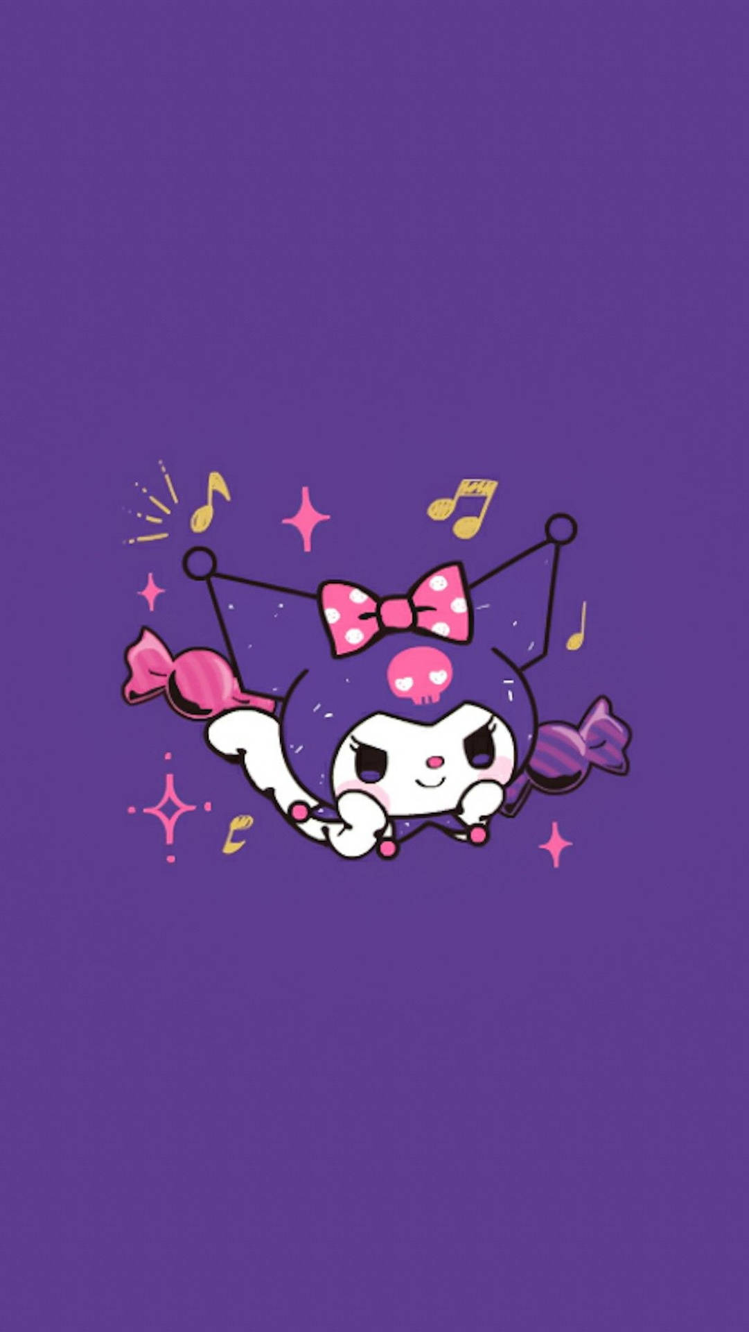 A playful illustration of Kuromi from Sanrio's My Melody series, against a vibrant purple backdrop. She's depicted mid-air, with candy and music notes floating around her, adding to the whimsical and cheerful tone