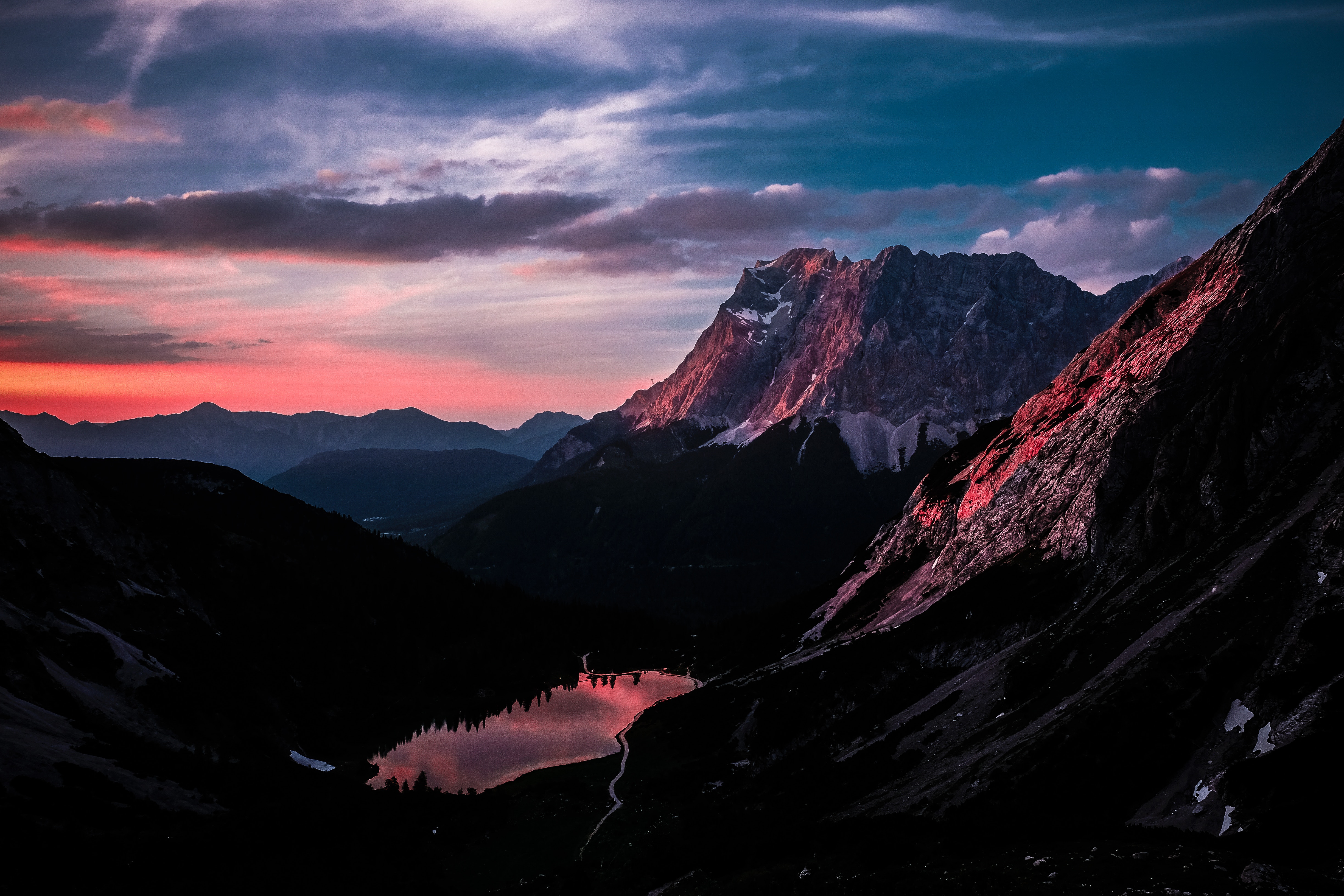 Long Mountain Ranges Landscape Orange Dark Sky 5k 4k HD Wallpaper