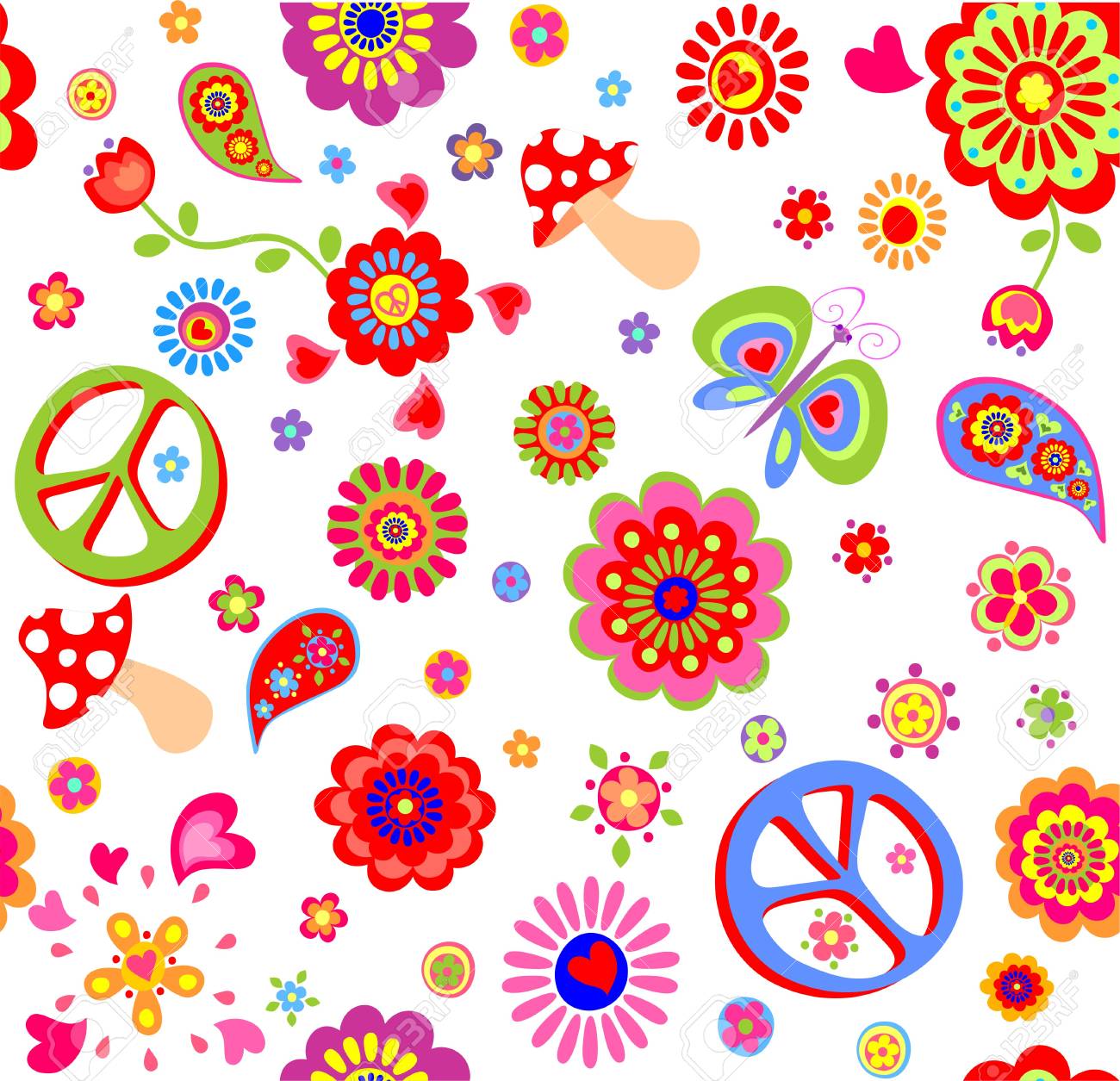 Childish Wallpaper With Hippie Peace Symbol Flower Power Poppies