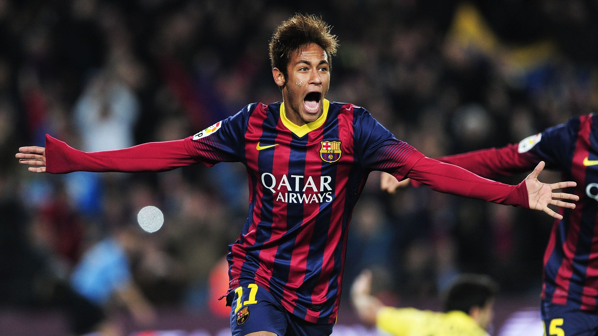 Neymar Jr. celebrating a goal for FC Barcelona in a 4K wallpaper